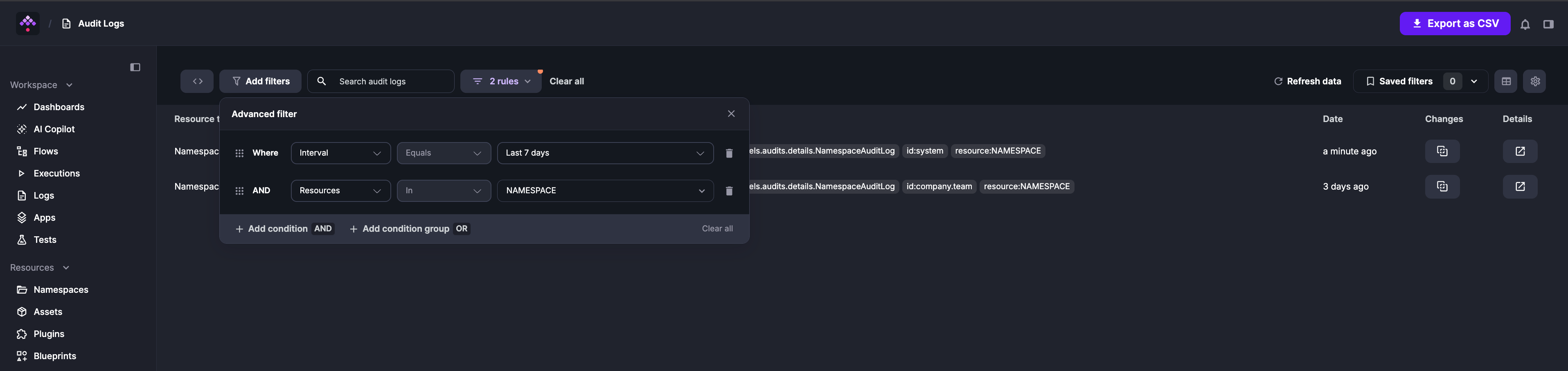 Advanced filter dialog