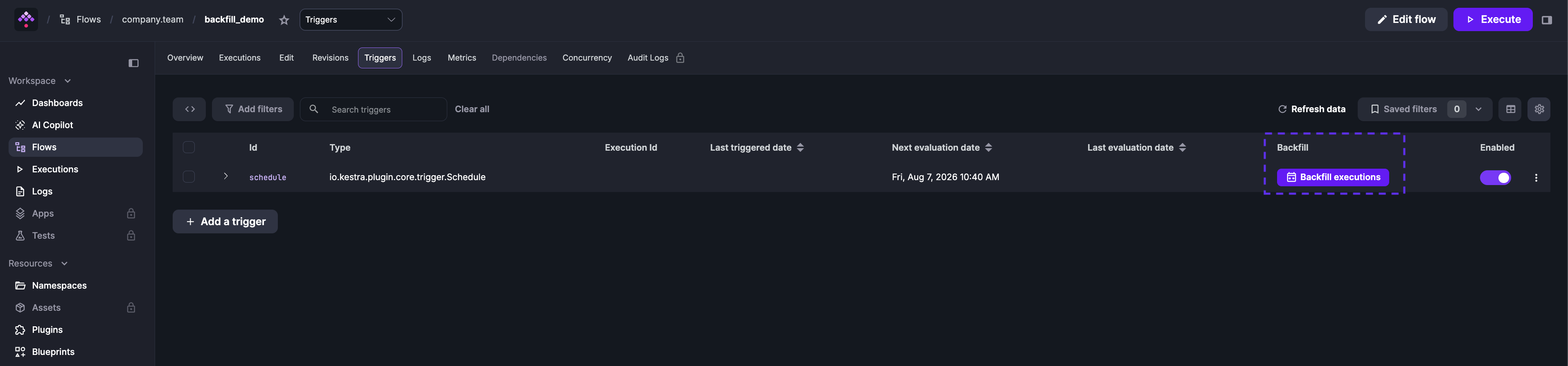 Triggers tab showing the Backfill executions button on a schedule trigger