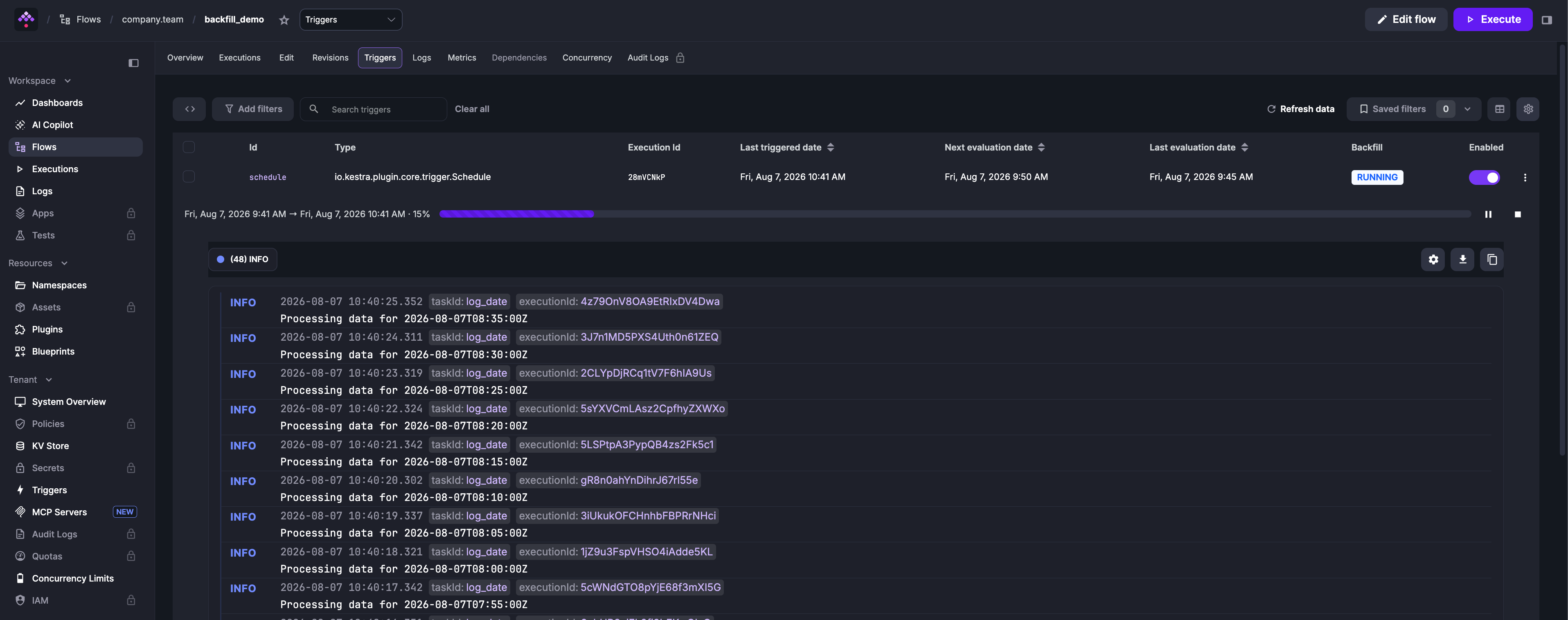 Backfill in progress showing the progress bar, completion percentage, and per-execution logs