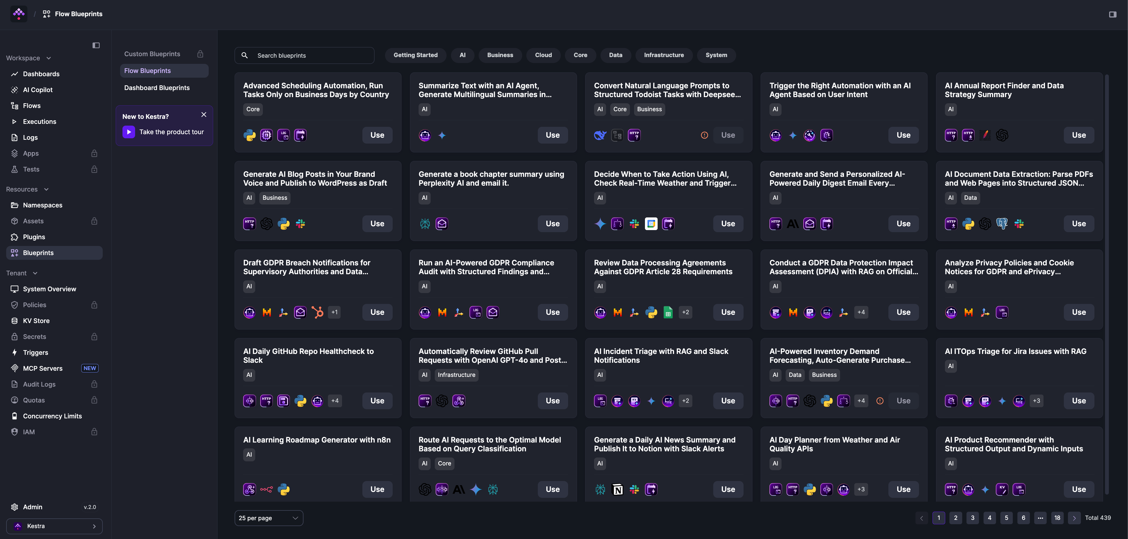The Blueprints catalog showing flow blueprints filtered by tag with Use buttons on each card