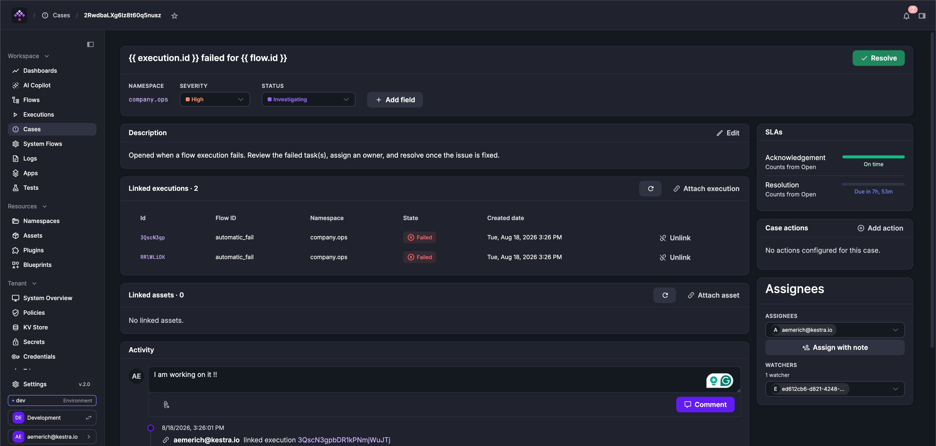 Case detail page showing linked executions, SLA countdowns, assignees, case actions, and the activity timeline