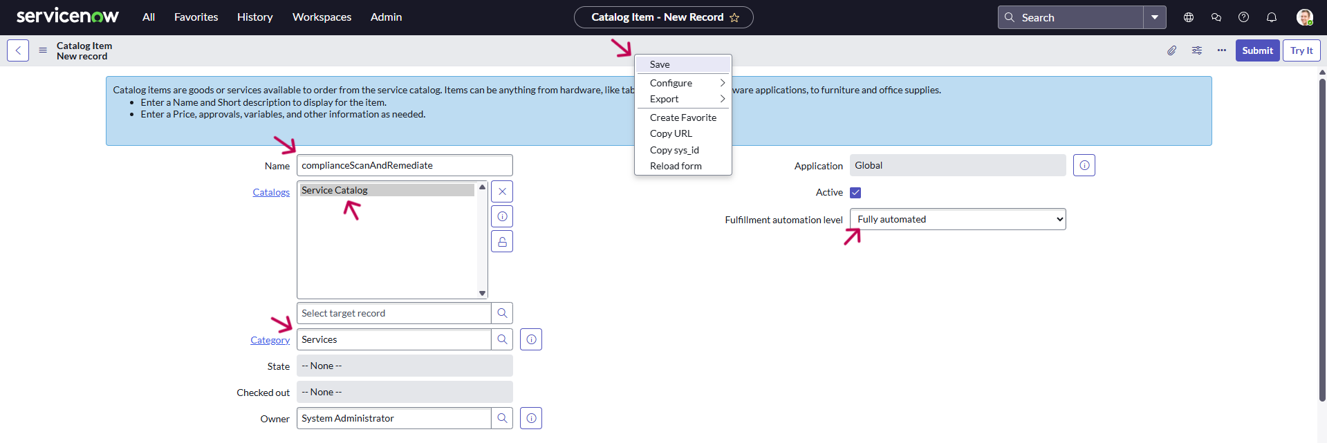 Catalog item form