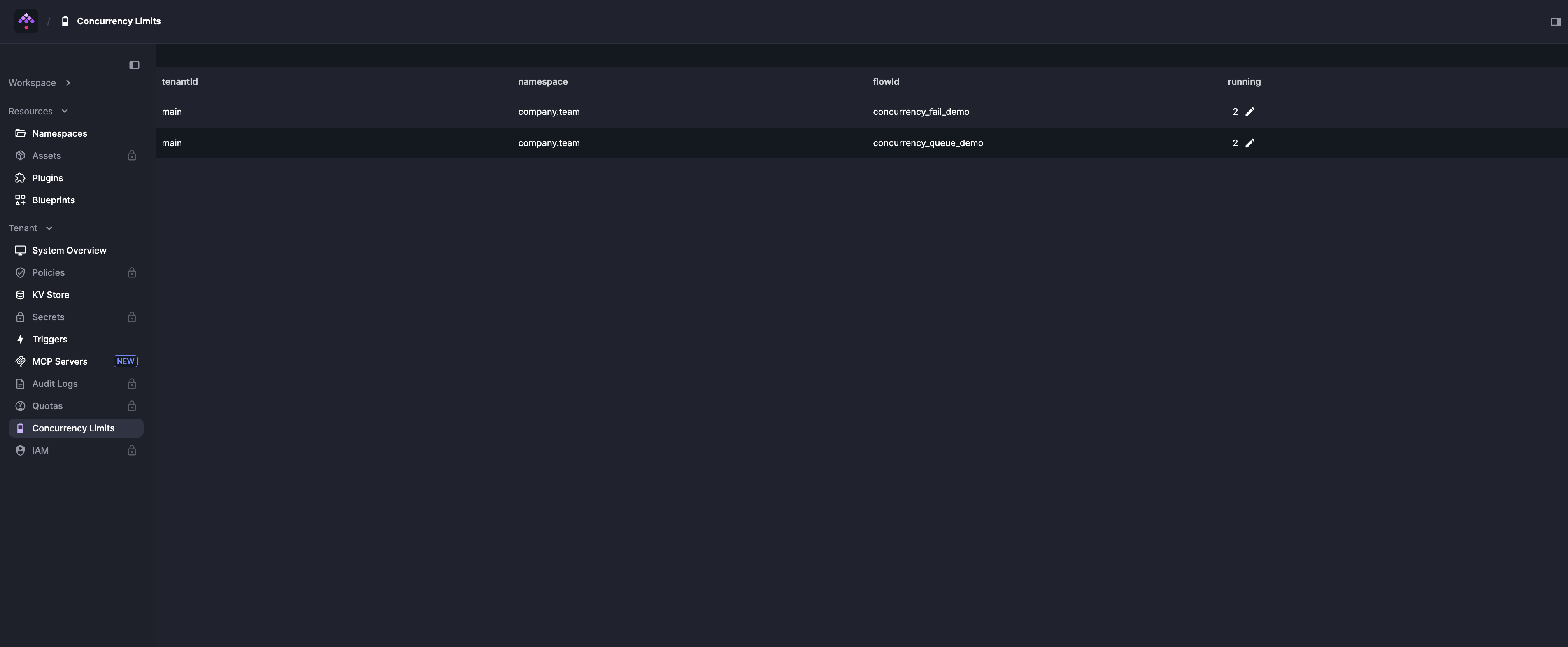 Concurrency Limits page listing two flows with their namespaces and running counts