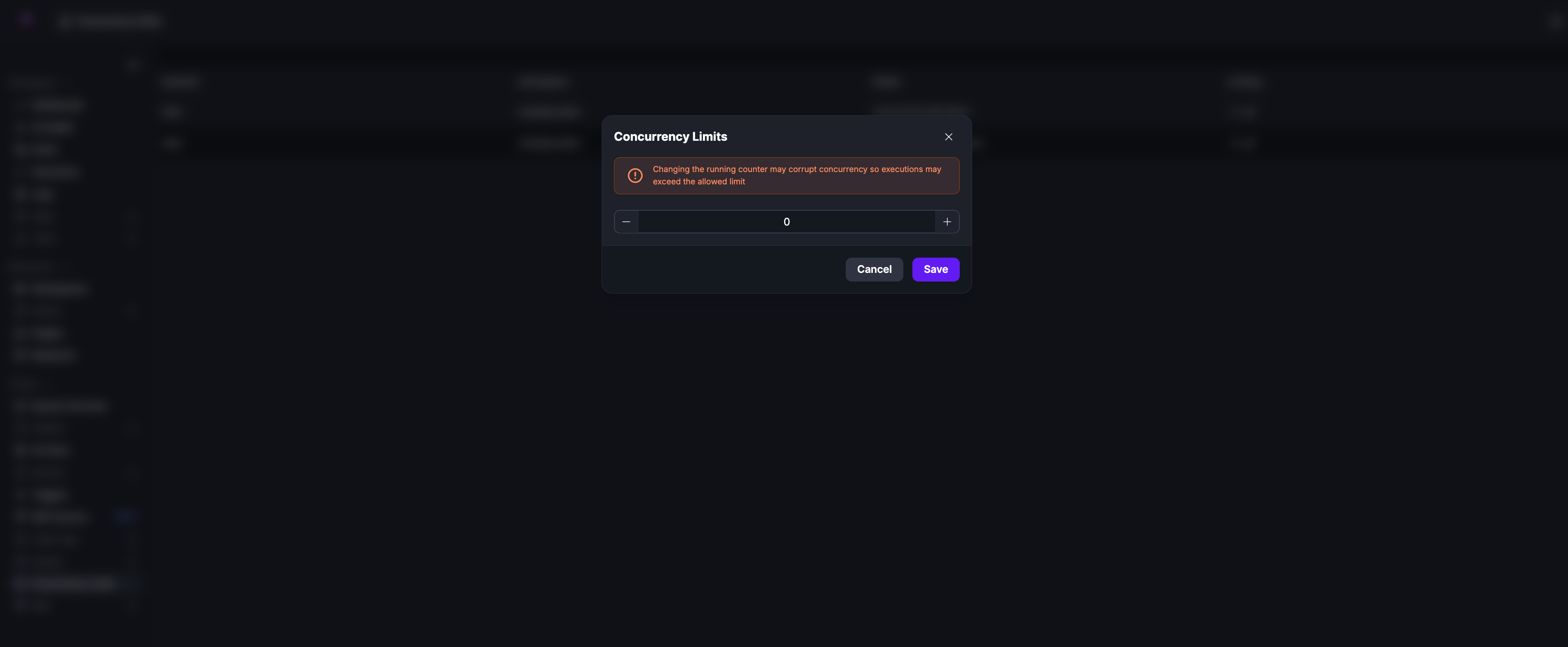 Concurrency Limits counter reset dialog with a warning that changing the counter may allow executions to exceed the limit