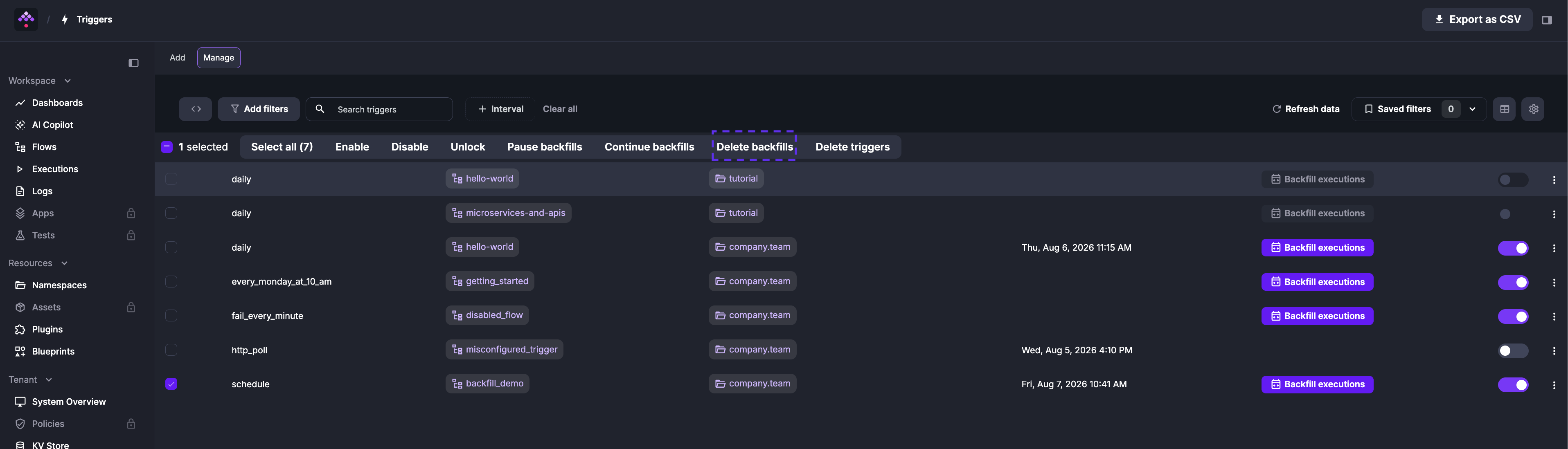 Tenant Triggers view with a trigger selected and Delete backfills action highlighted in the toolbar