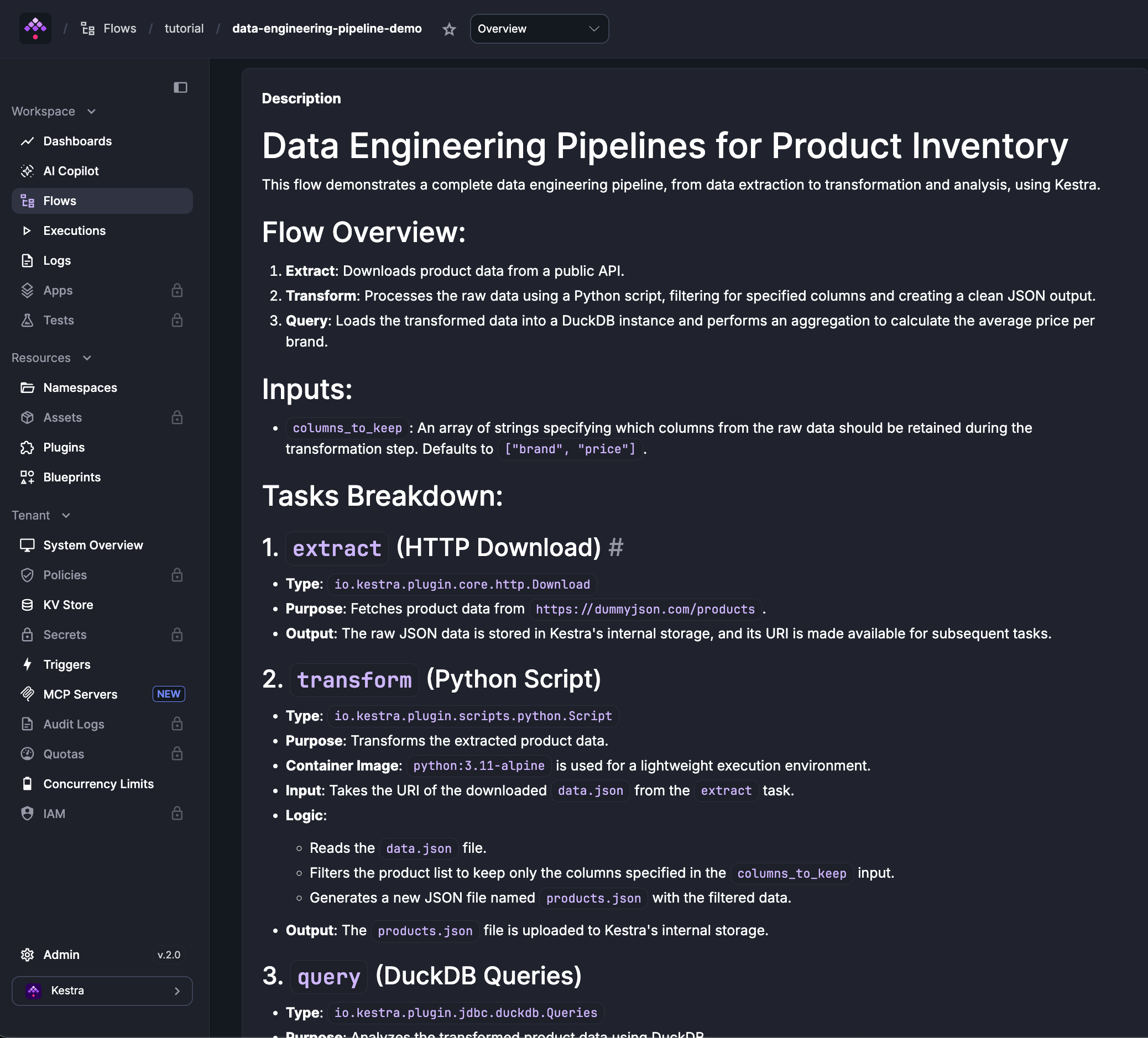 Flow overview tab showing a Markdown description rendered with headings, lists, and code spans