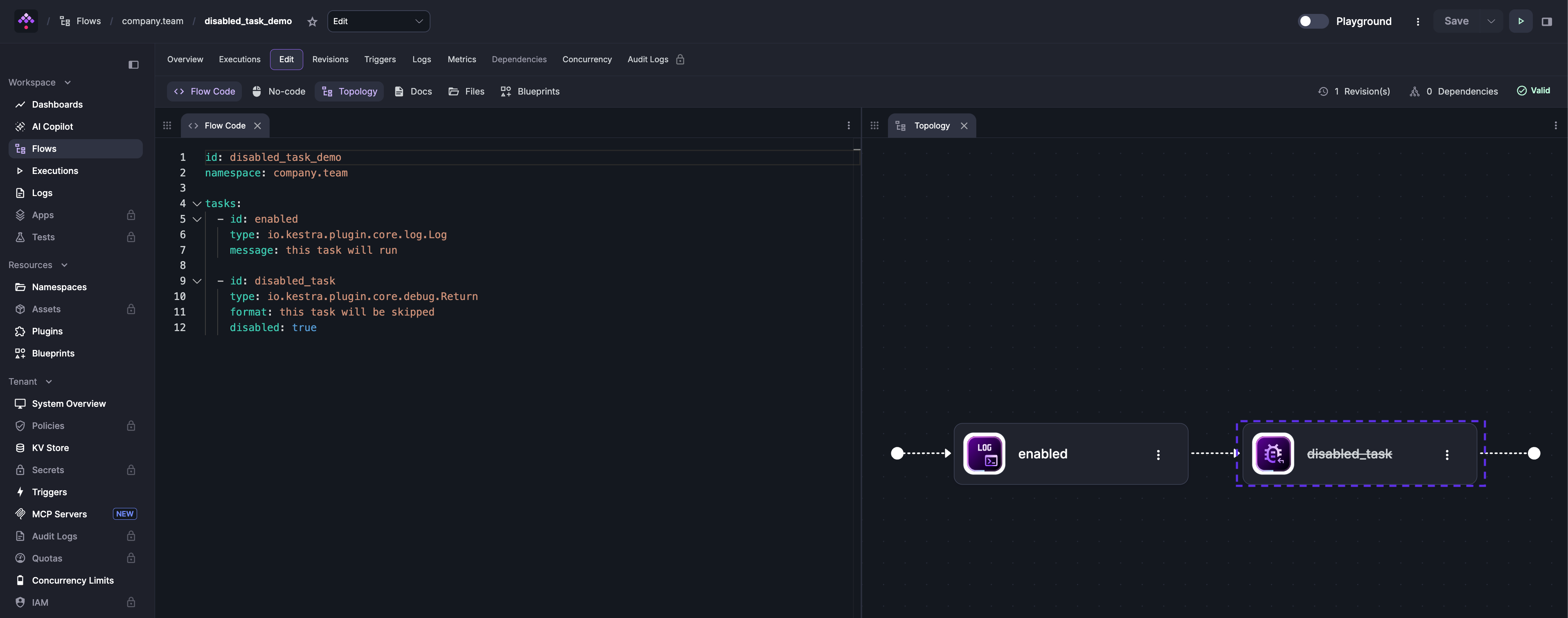 Topology view showing an enabled task and a disabled task with a strikethrough on its name