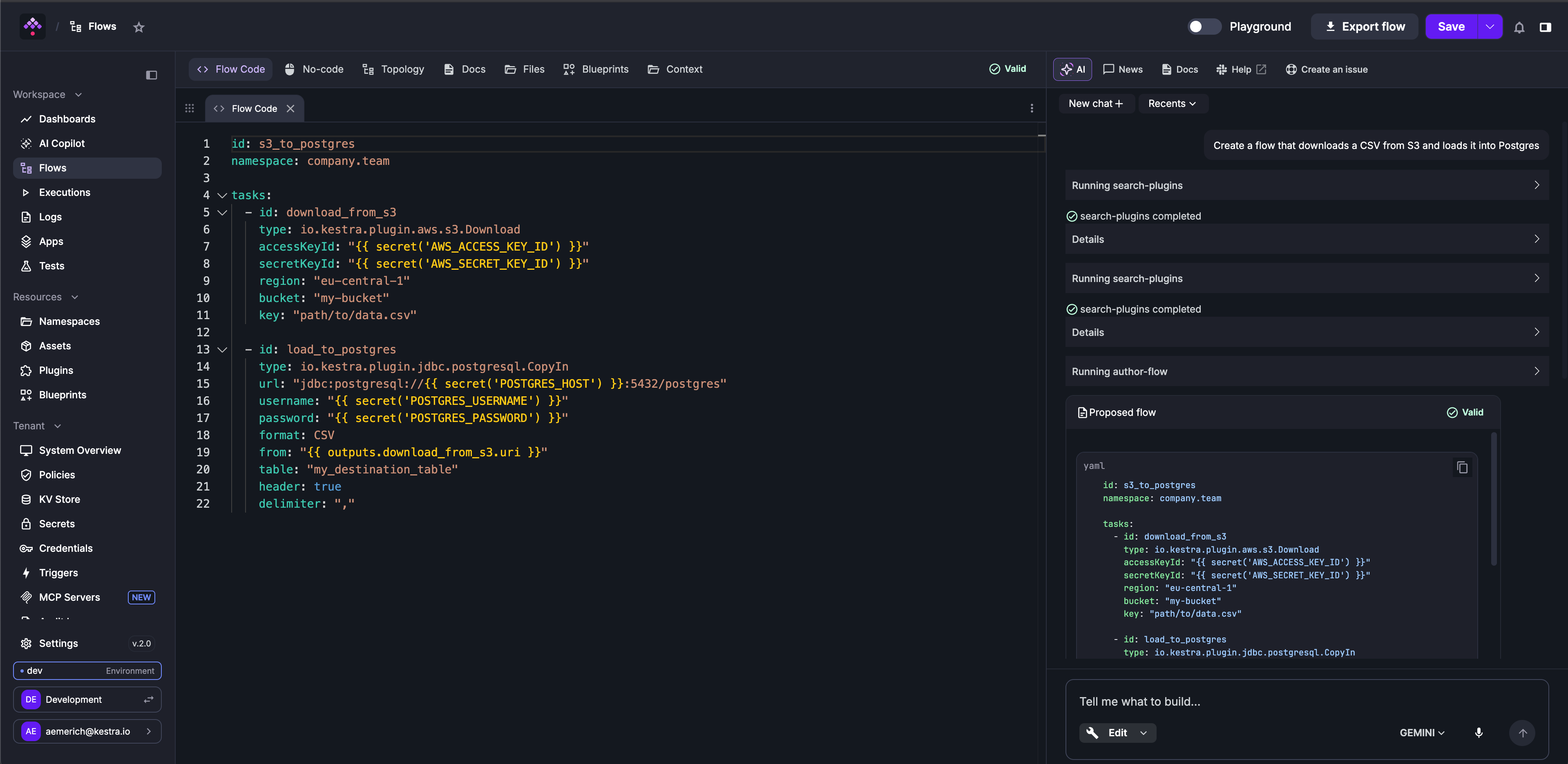 AI Copilot Edit mode showing the Copilot searching plugins and proposing a validated S3-to-Postgres flow
