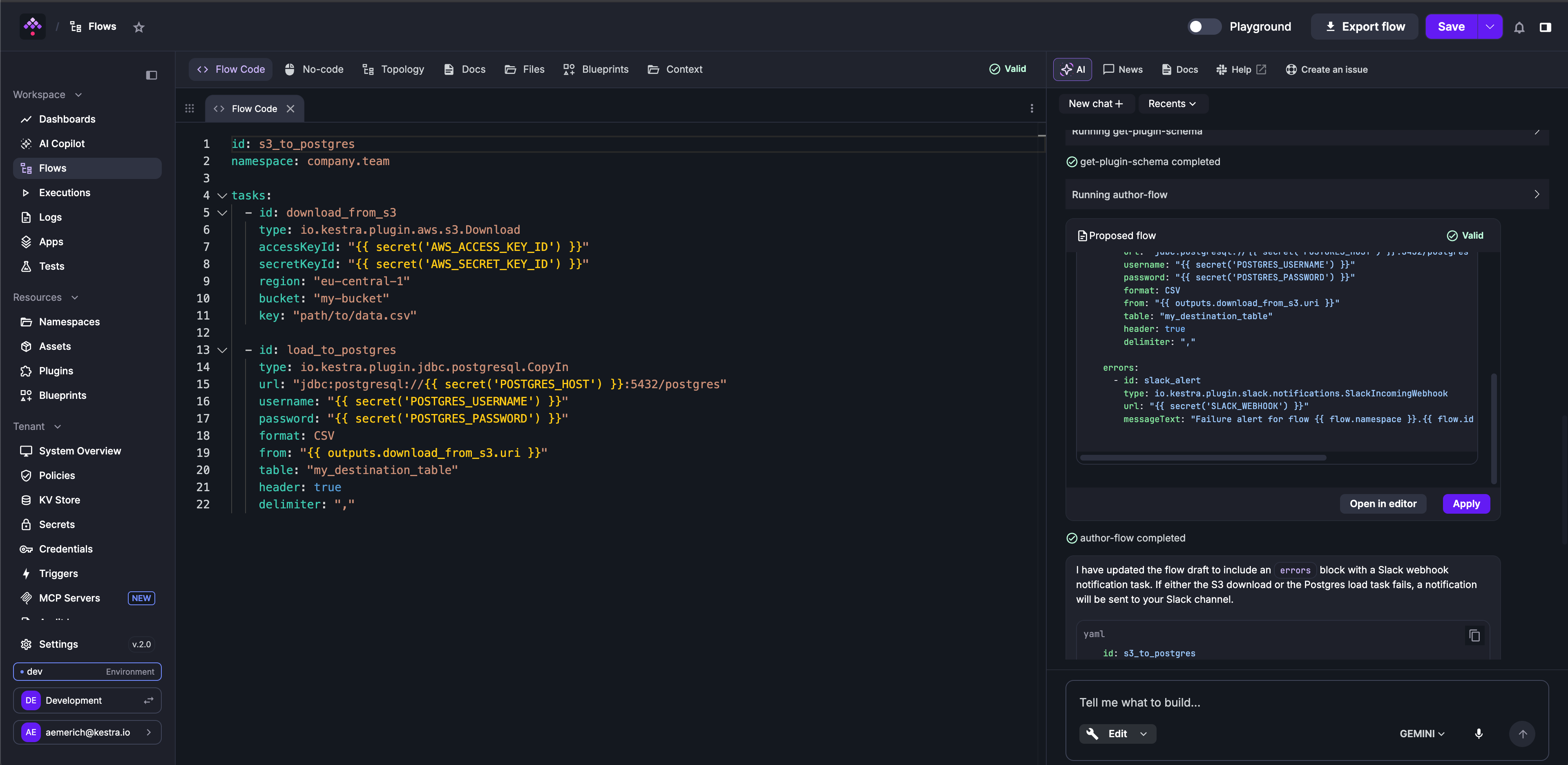 AI Copilot Edit mode showing the Copilot adding an errors block with a Slack webhook task without touching the existing tasks