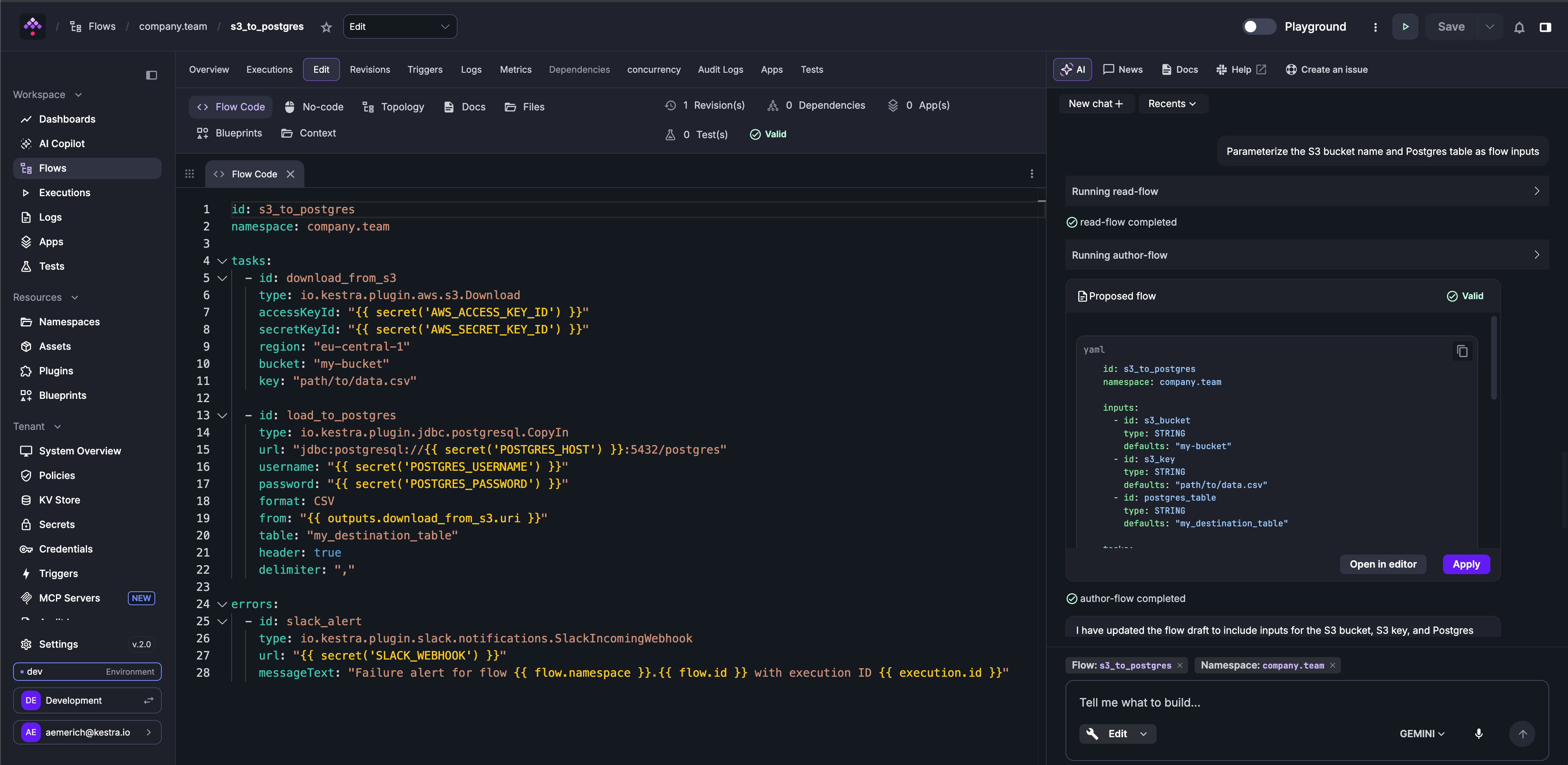 AI Copilot Edit mode showing the Copilot adding an inputs block and wiring the values through the flow, with Flow and Namespace context pills attached