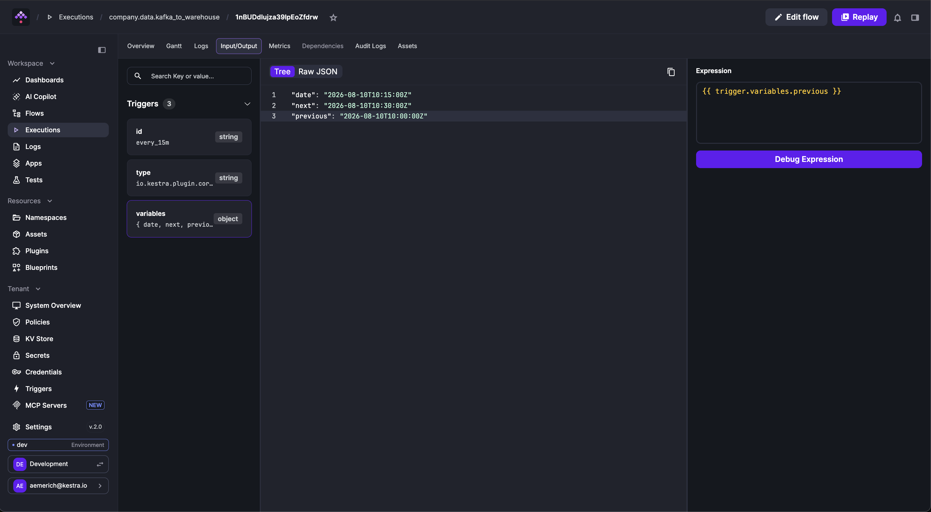 Kestra User Interface Execution Debug Expression