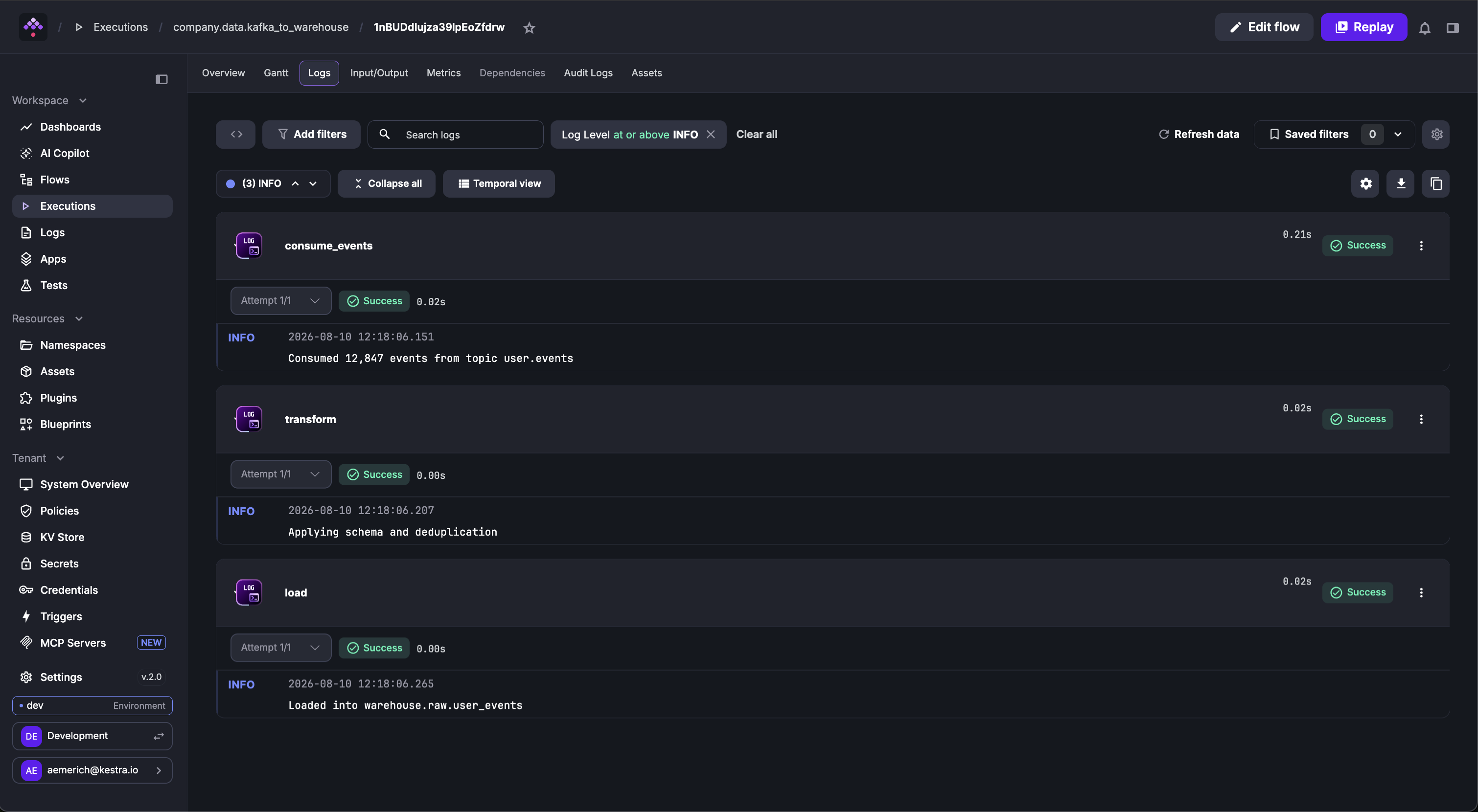 Kestra User Interface Execution Log