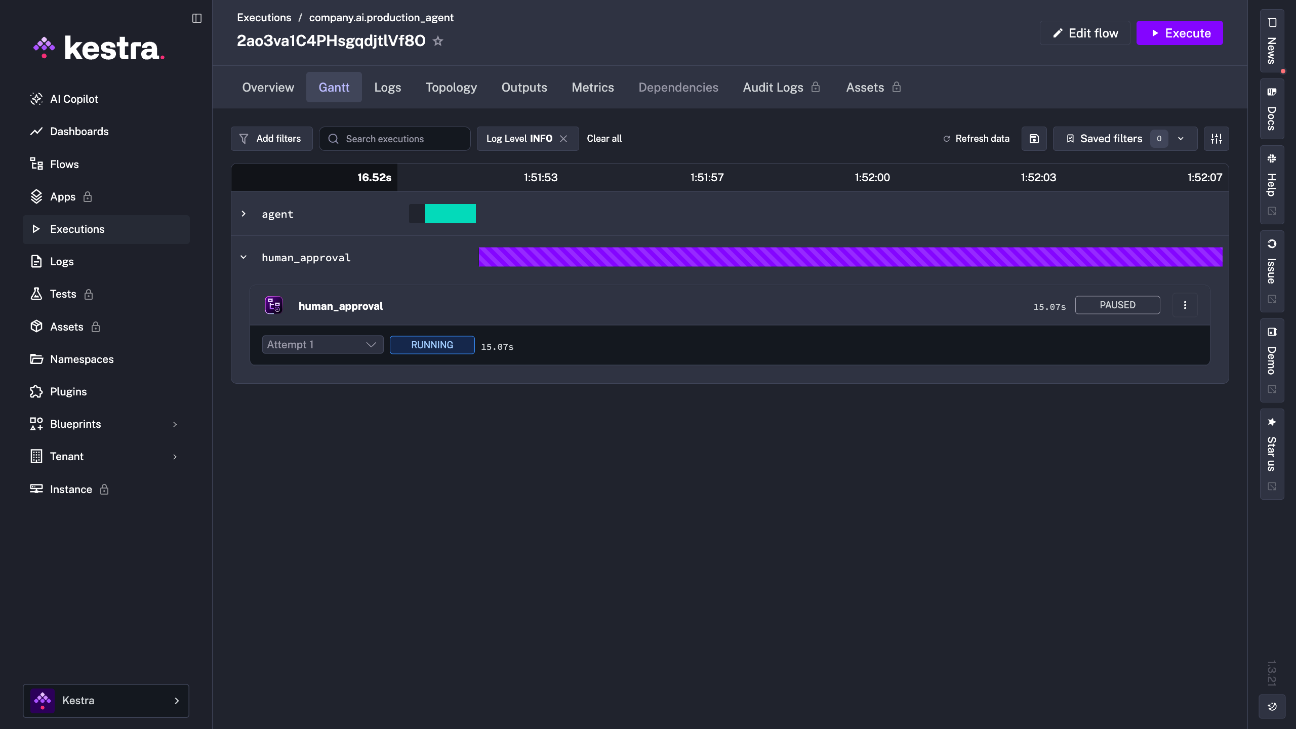 A PAUSED execution in the Kestra UI, with the workflow halted and waiting for human approval