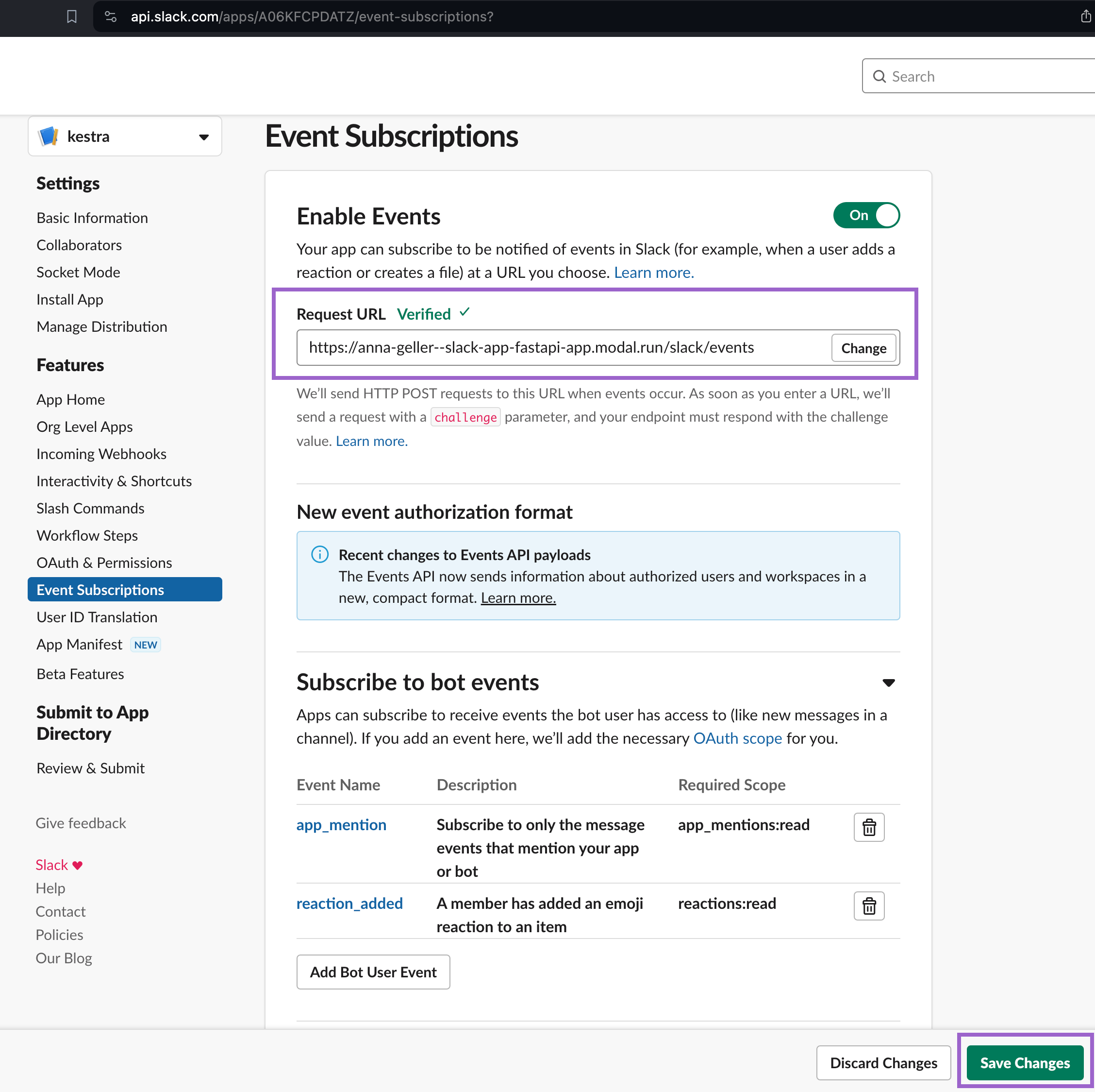 Verified status in Slack Event Subscriptions request URL
