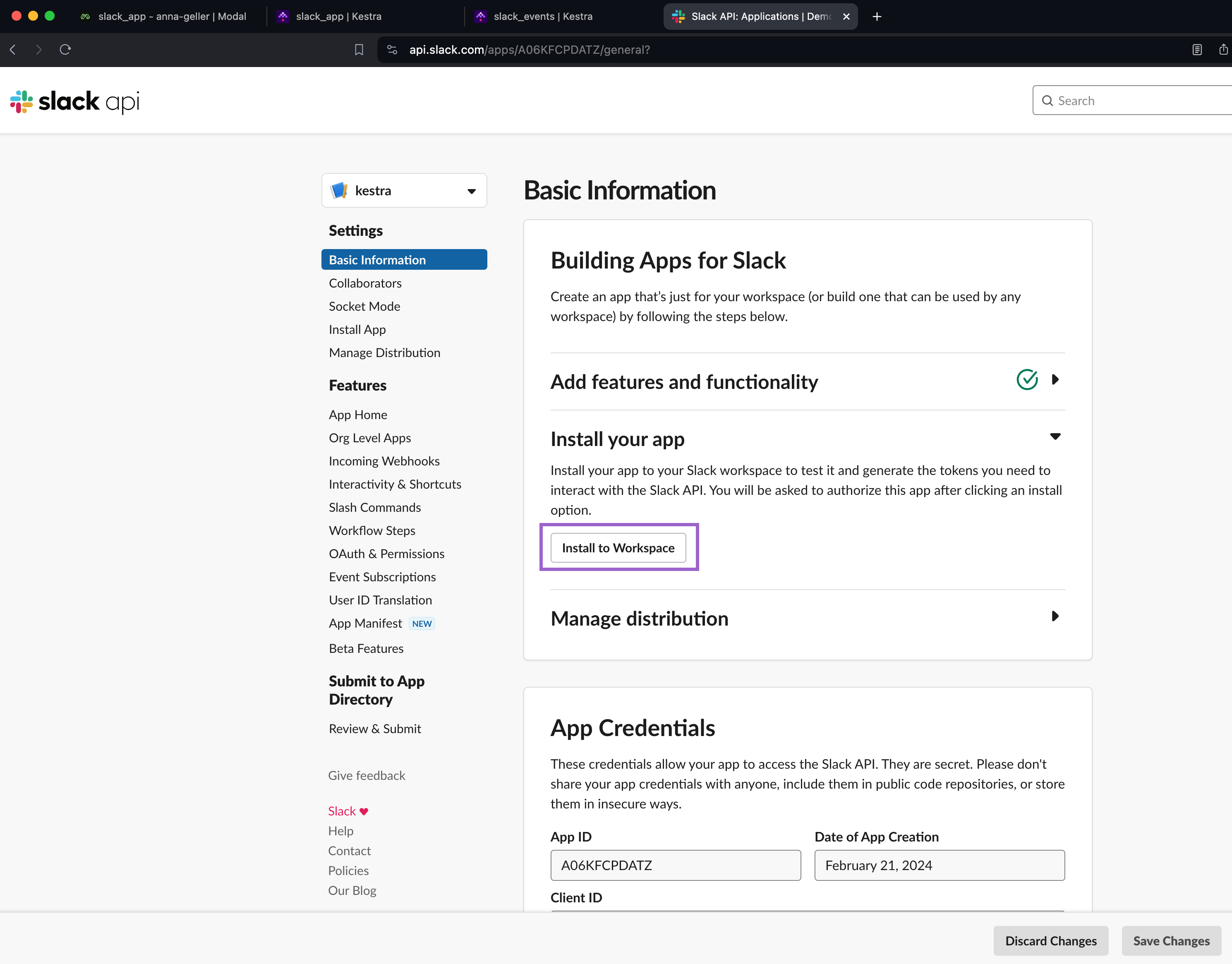 Install App menu in Slack app settings