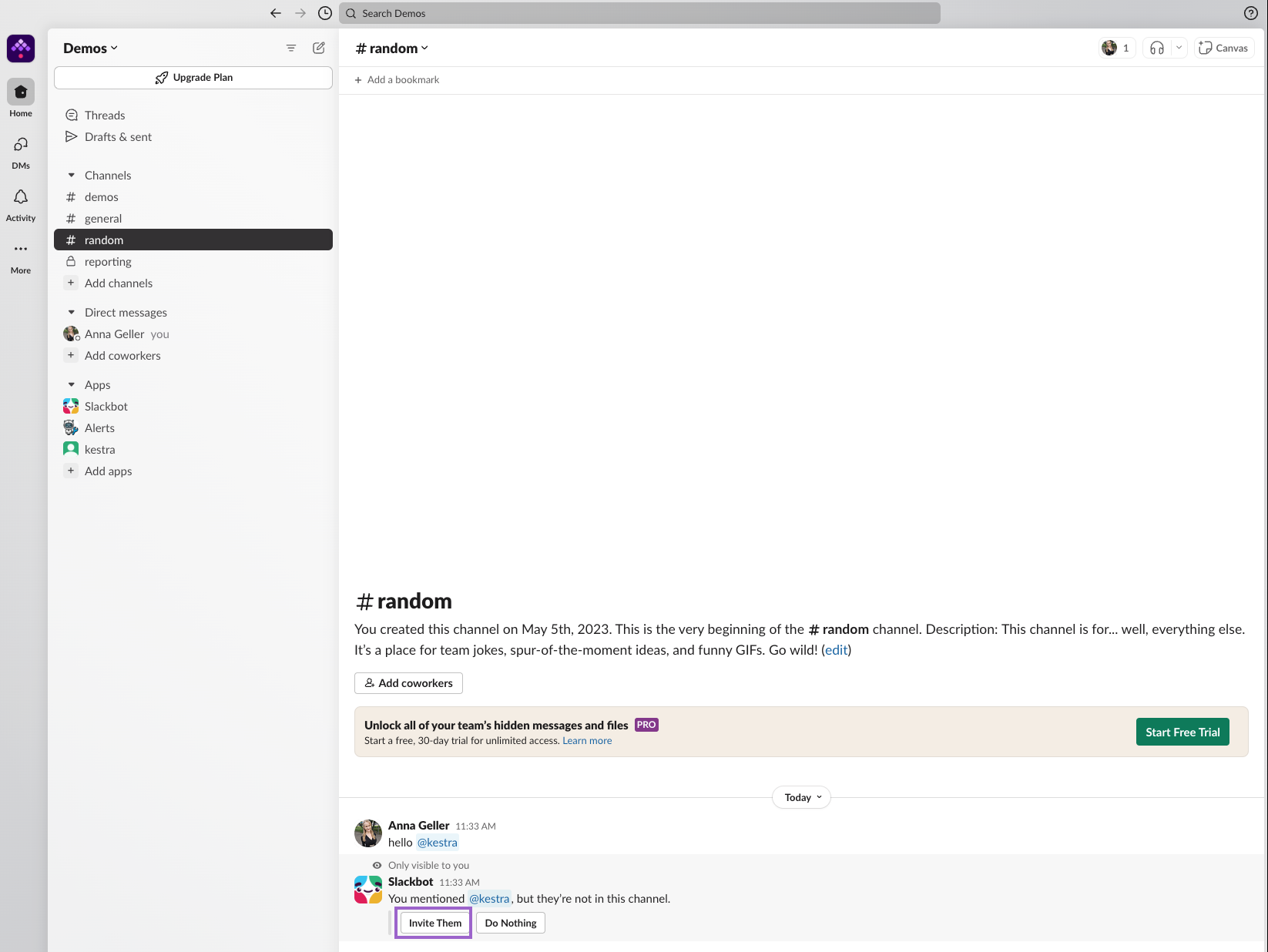 Hello message mentioning the Kestra app in a Slack channel