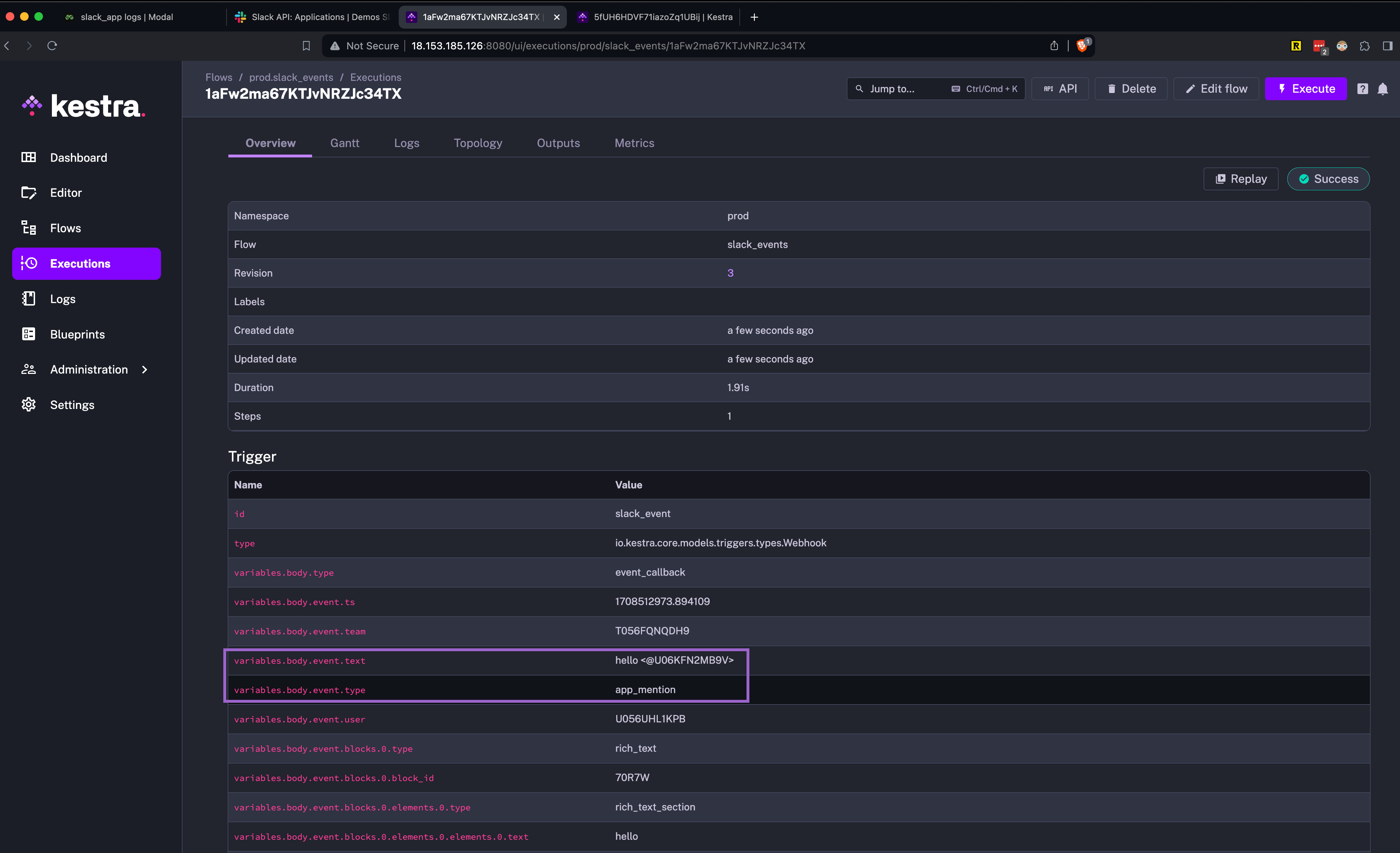 app_mention event triggered Kestra execution