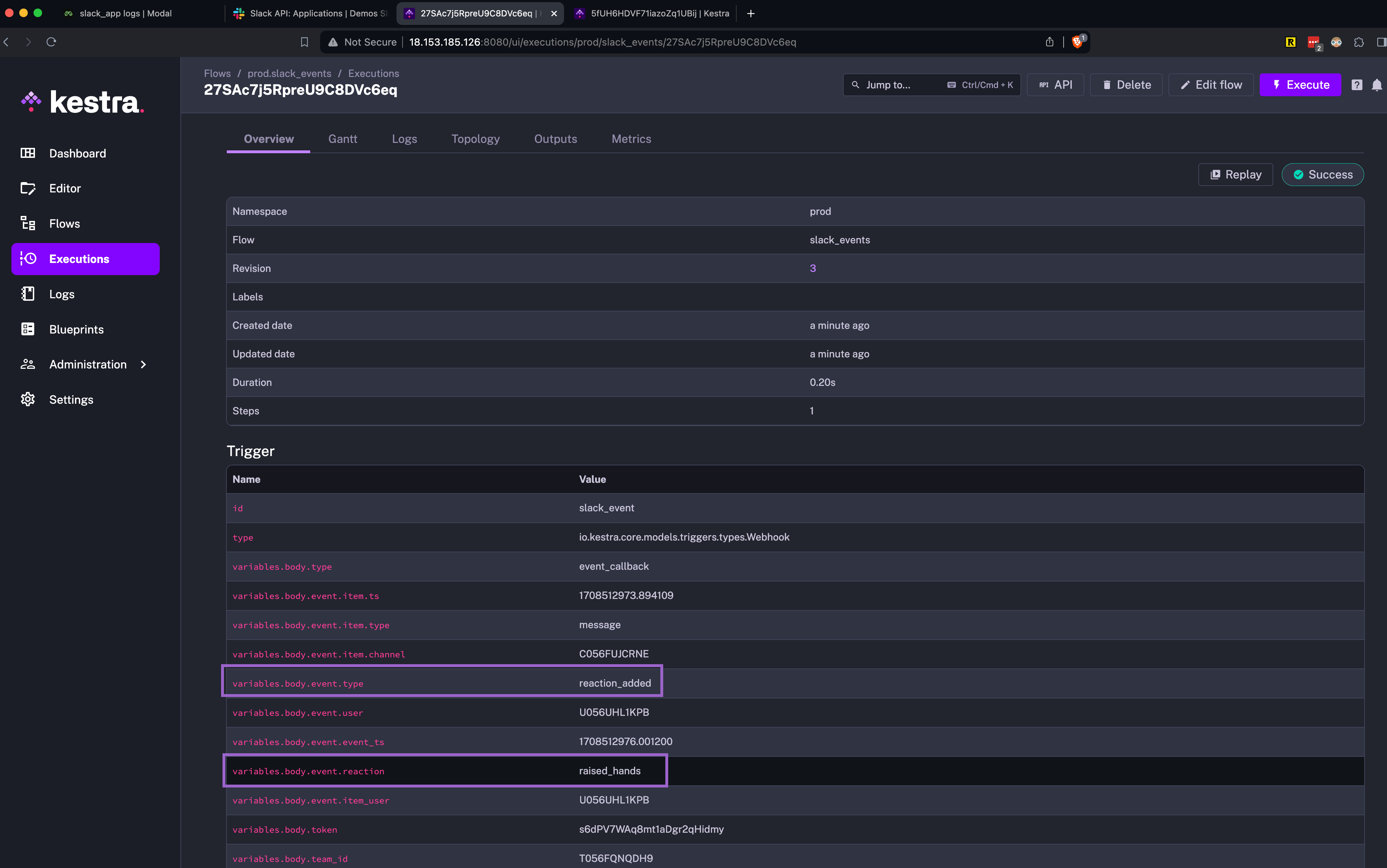 reaction_added event triggered Kestra execution