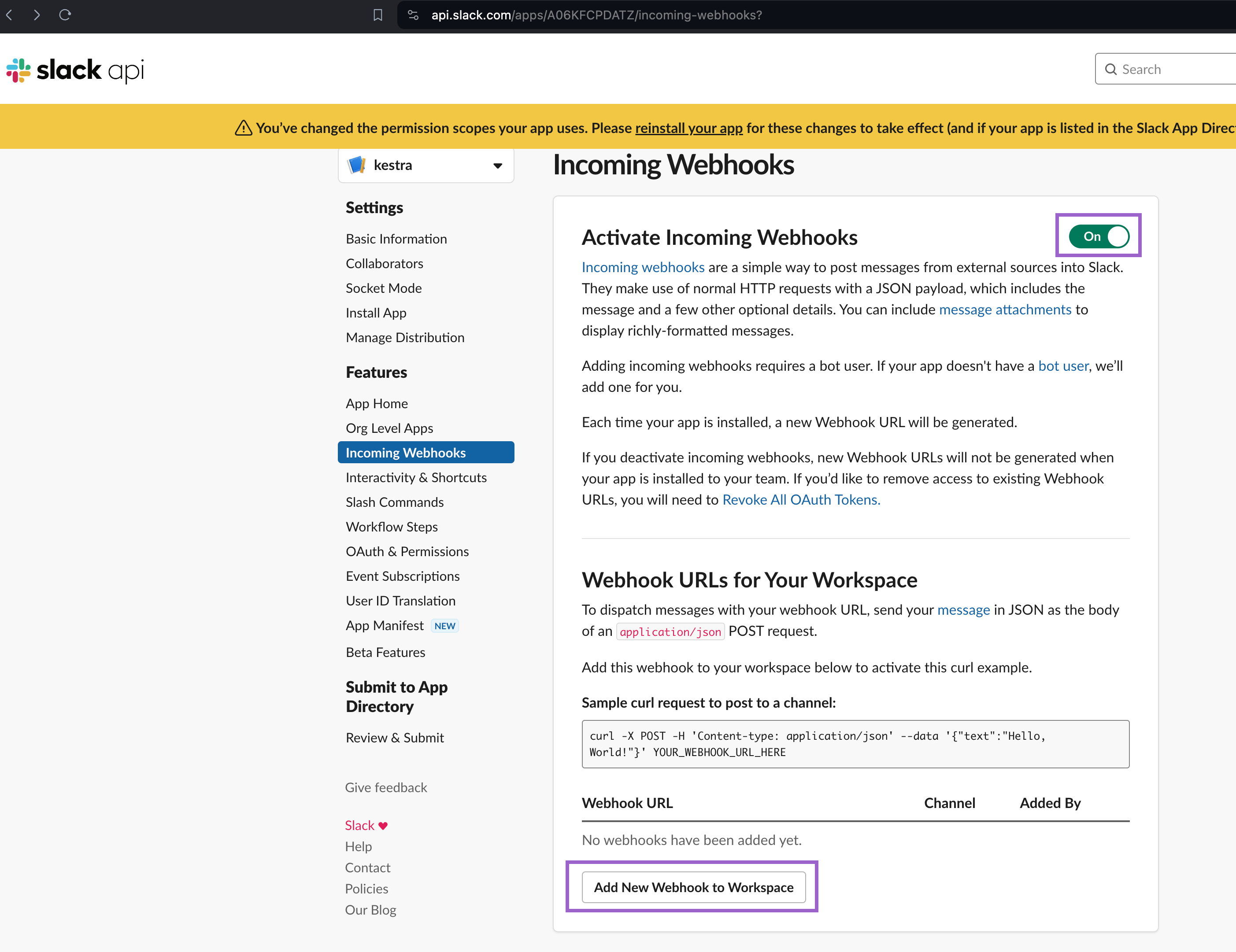 Add incoming webhook in Slack app features
