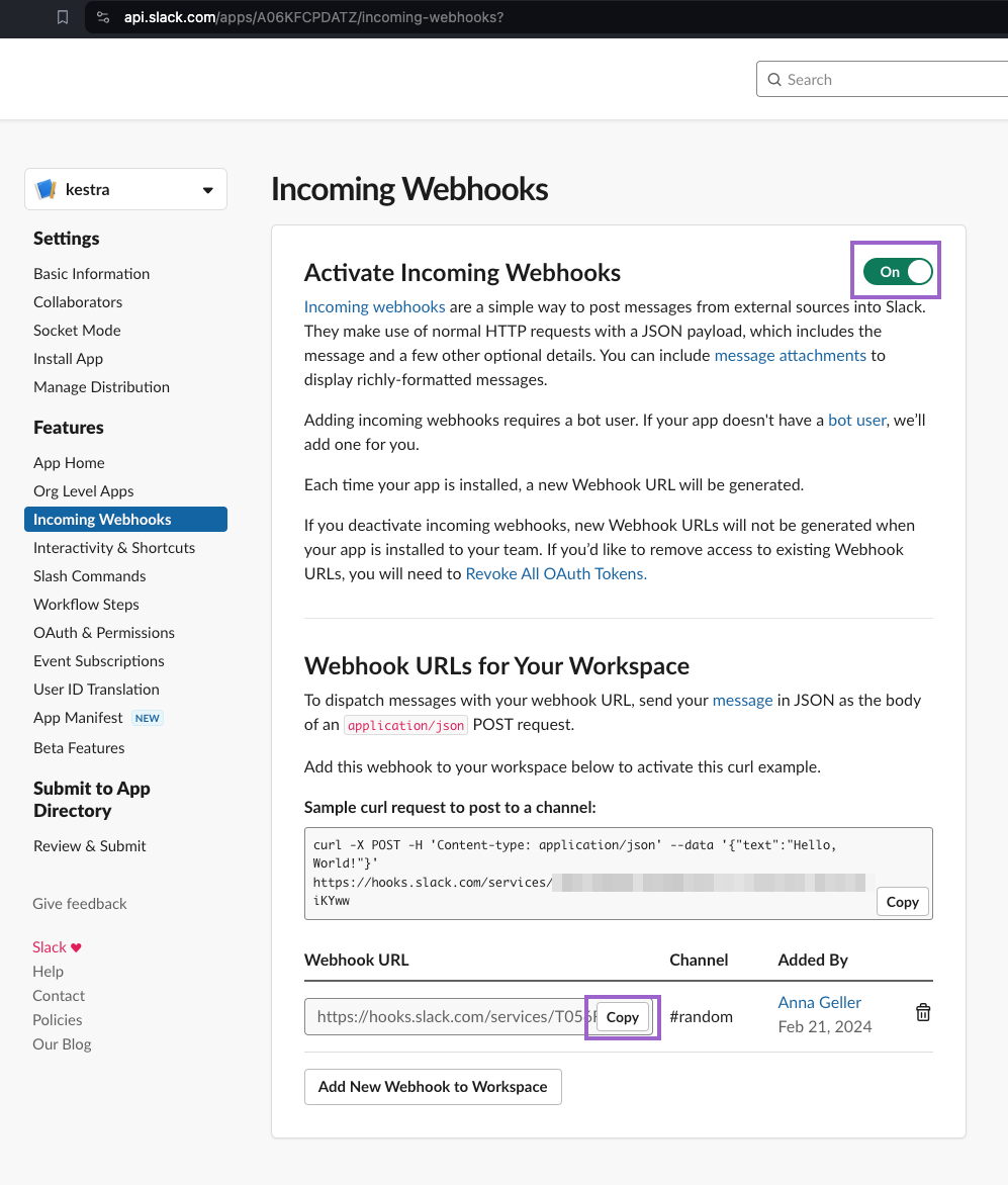 Copy incoming webhook URL