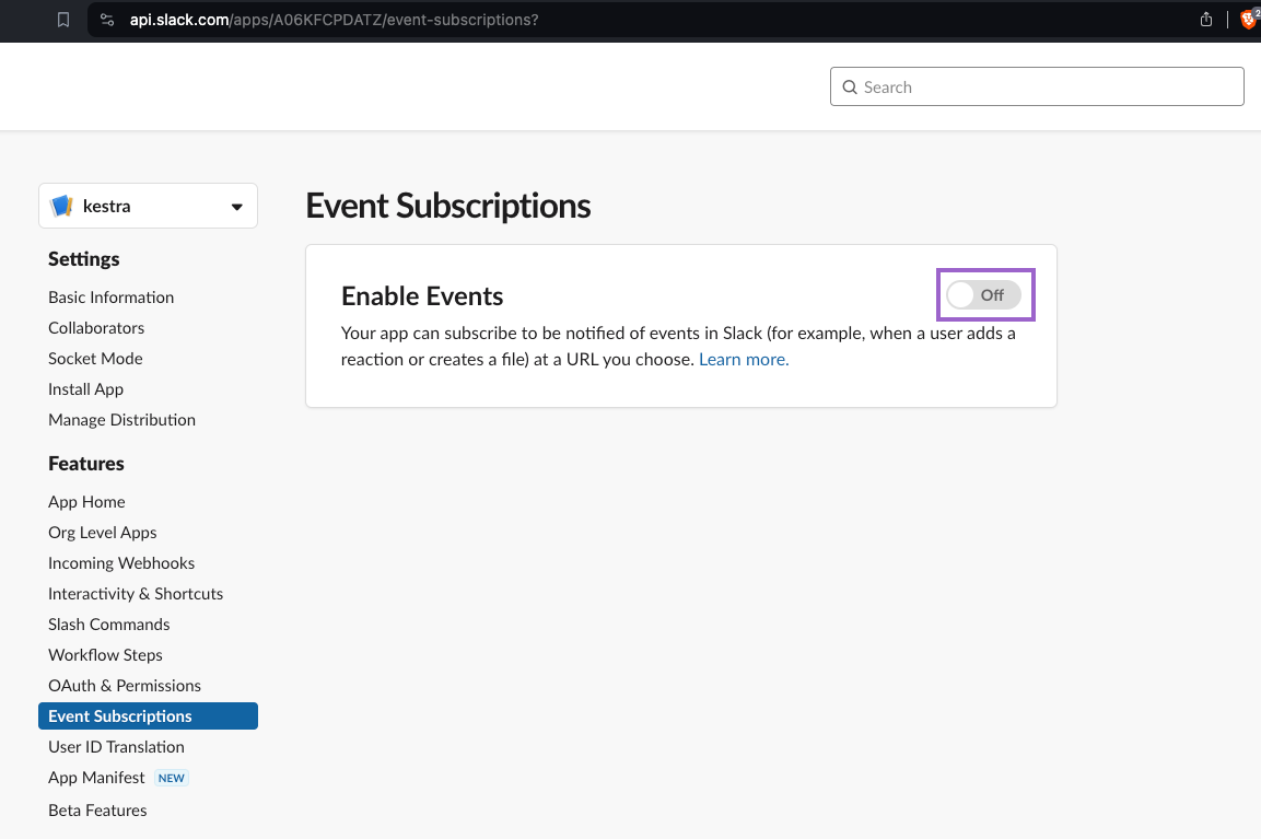 Enable Event Subscriptions toggle