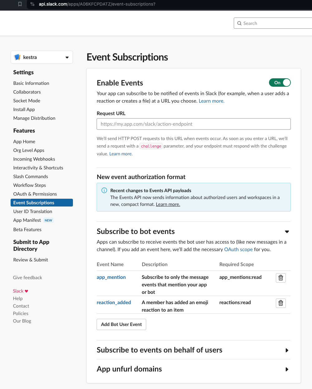 app_mentions and reaction_added events selected