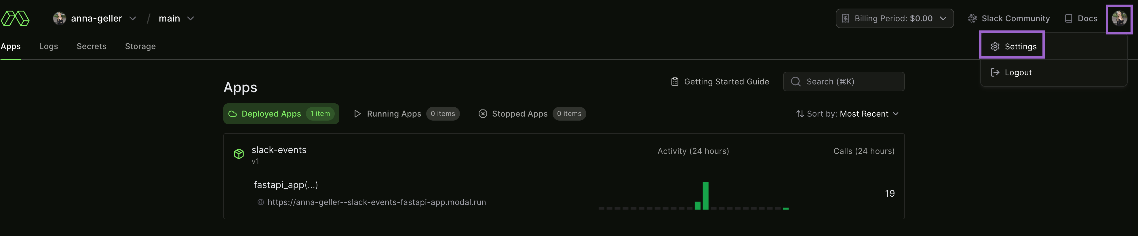 Modal Settings page