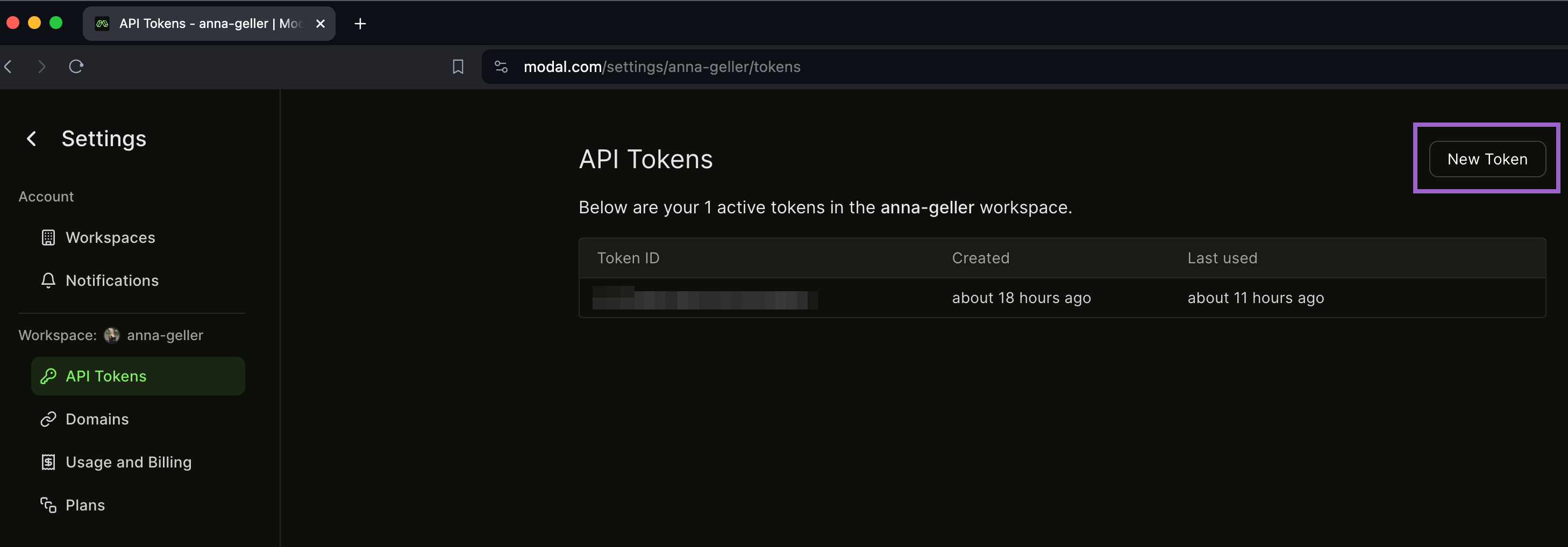 Create new API token in Modal