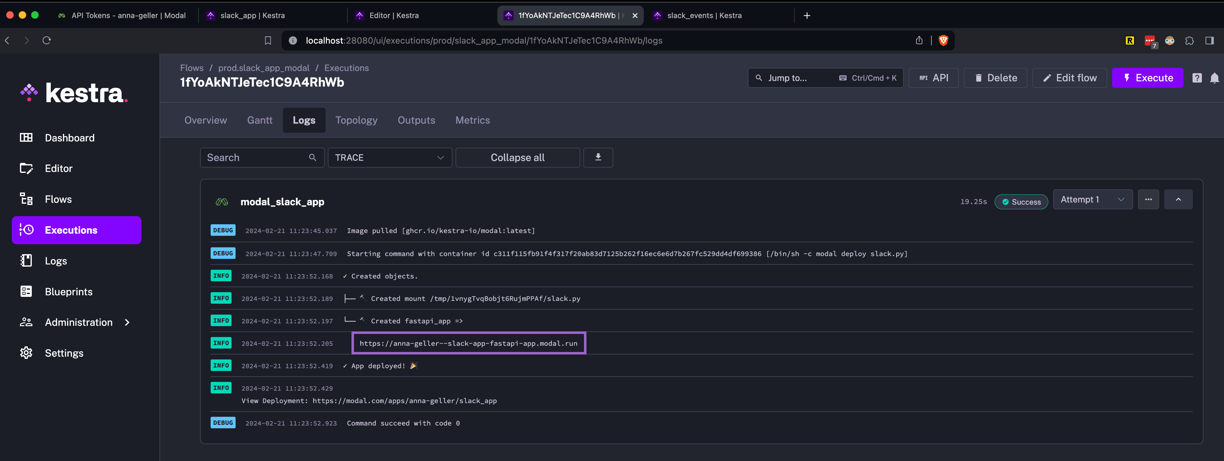 Modal app deployment endpoint shown in Kestra logs