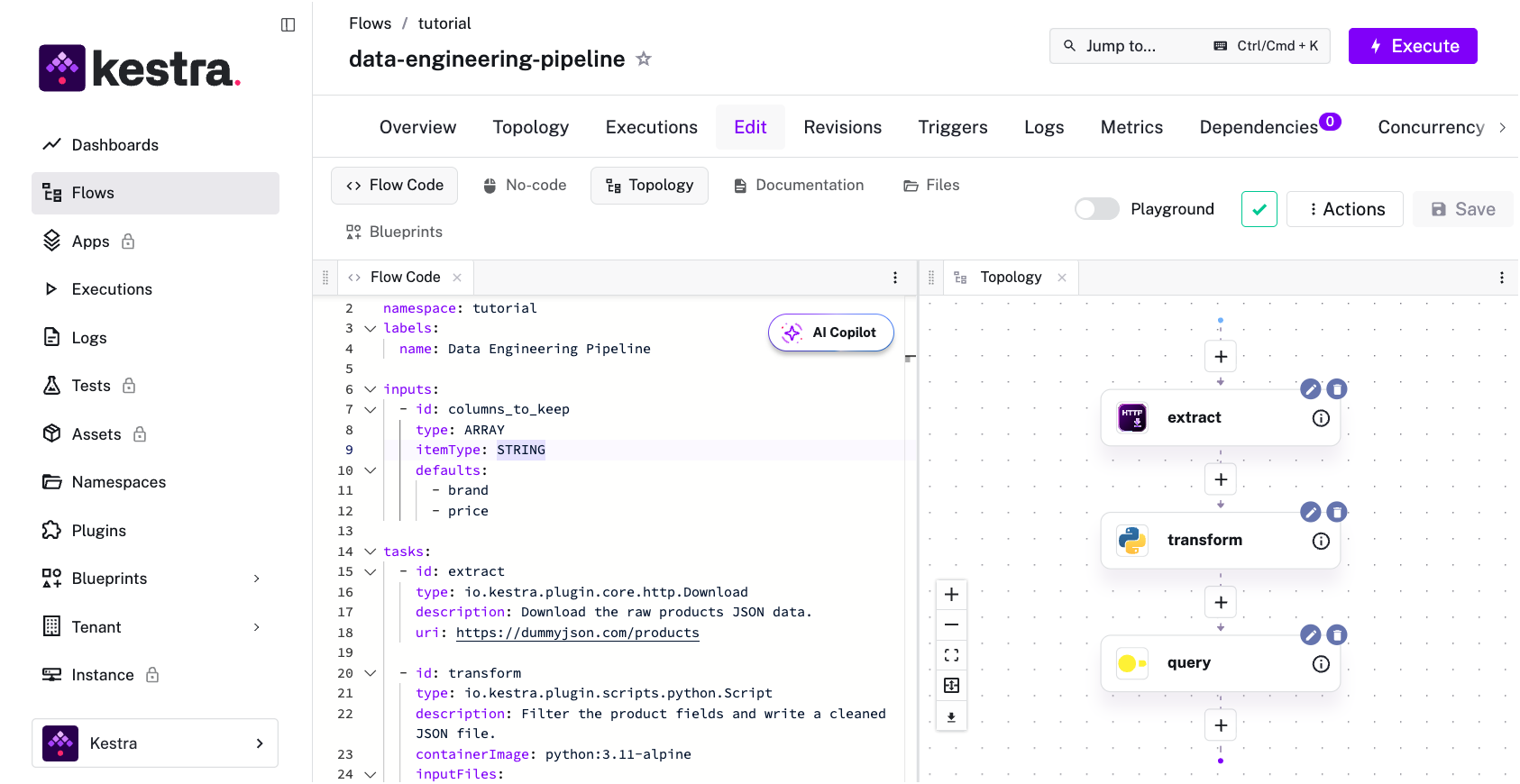 Data engineering pipeline example in Kestra