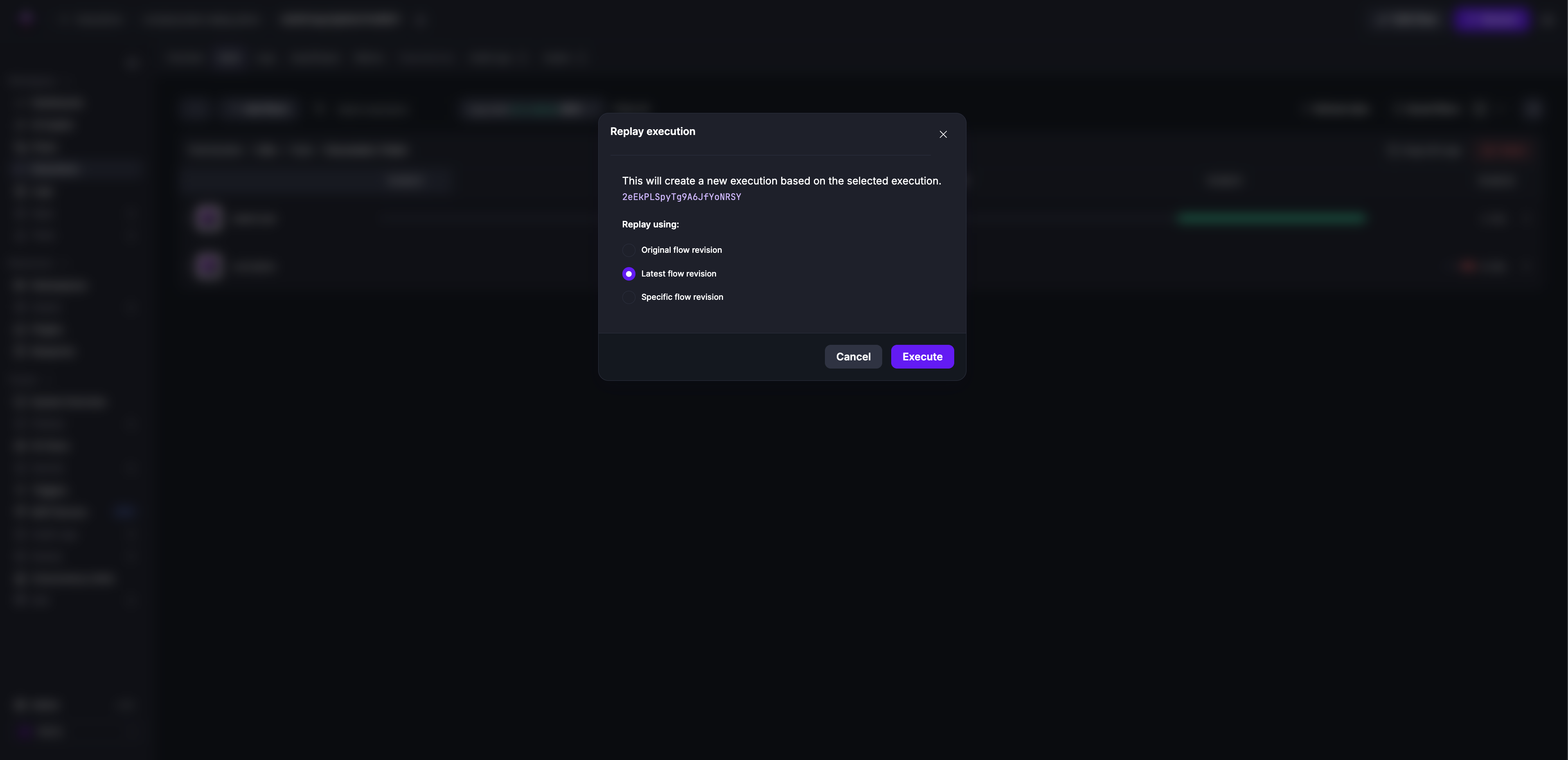 Replay execution dialog showing revision options: Original flow revision, Latest flow revision, and Specific flow revision