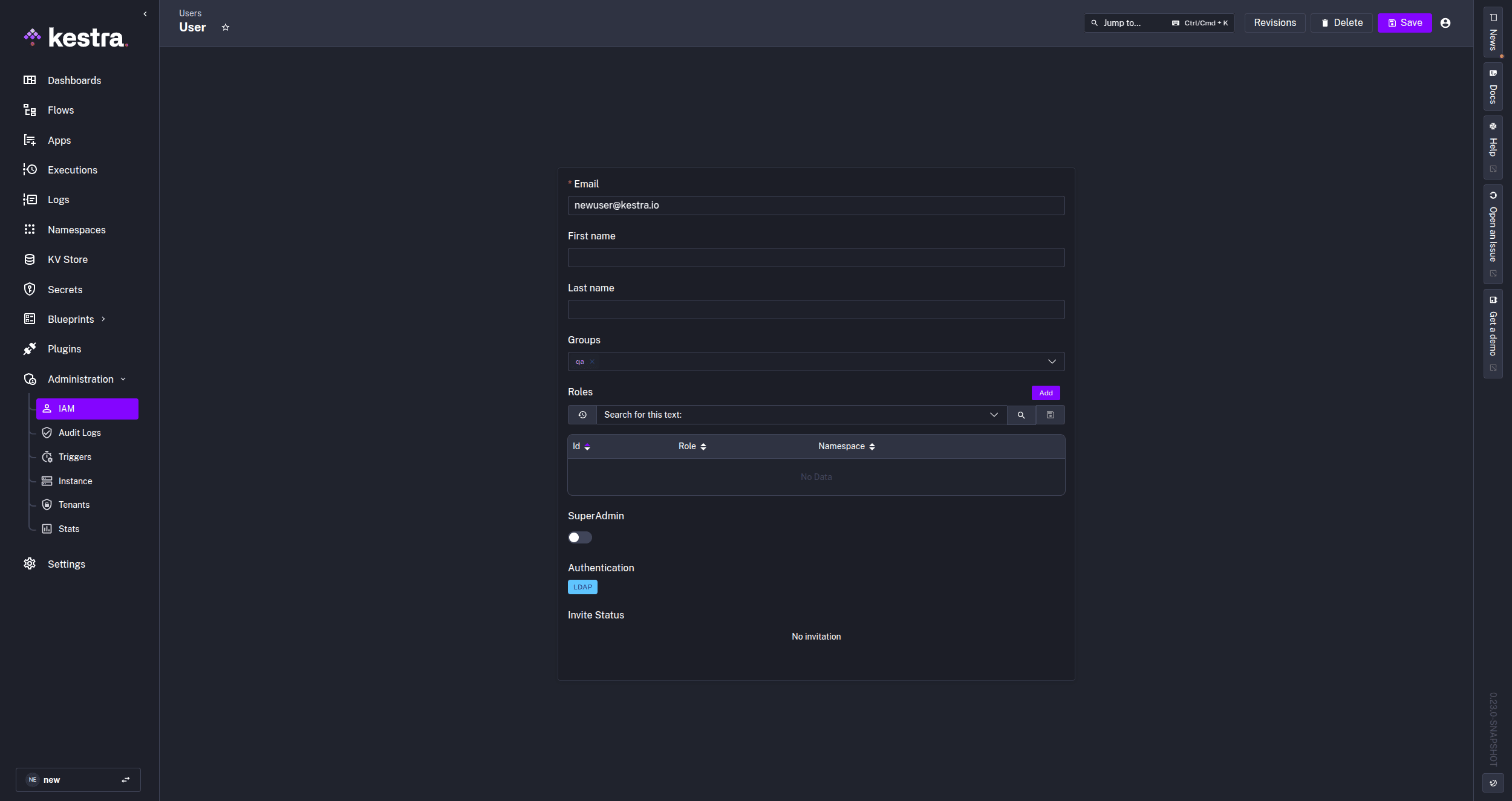 IAM Users tab showing LDAP as the authentication method for a user