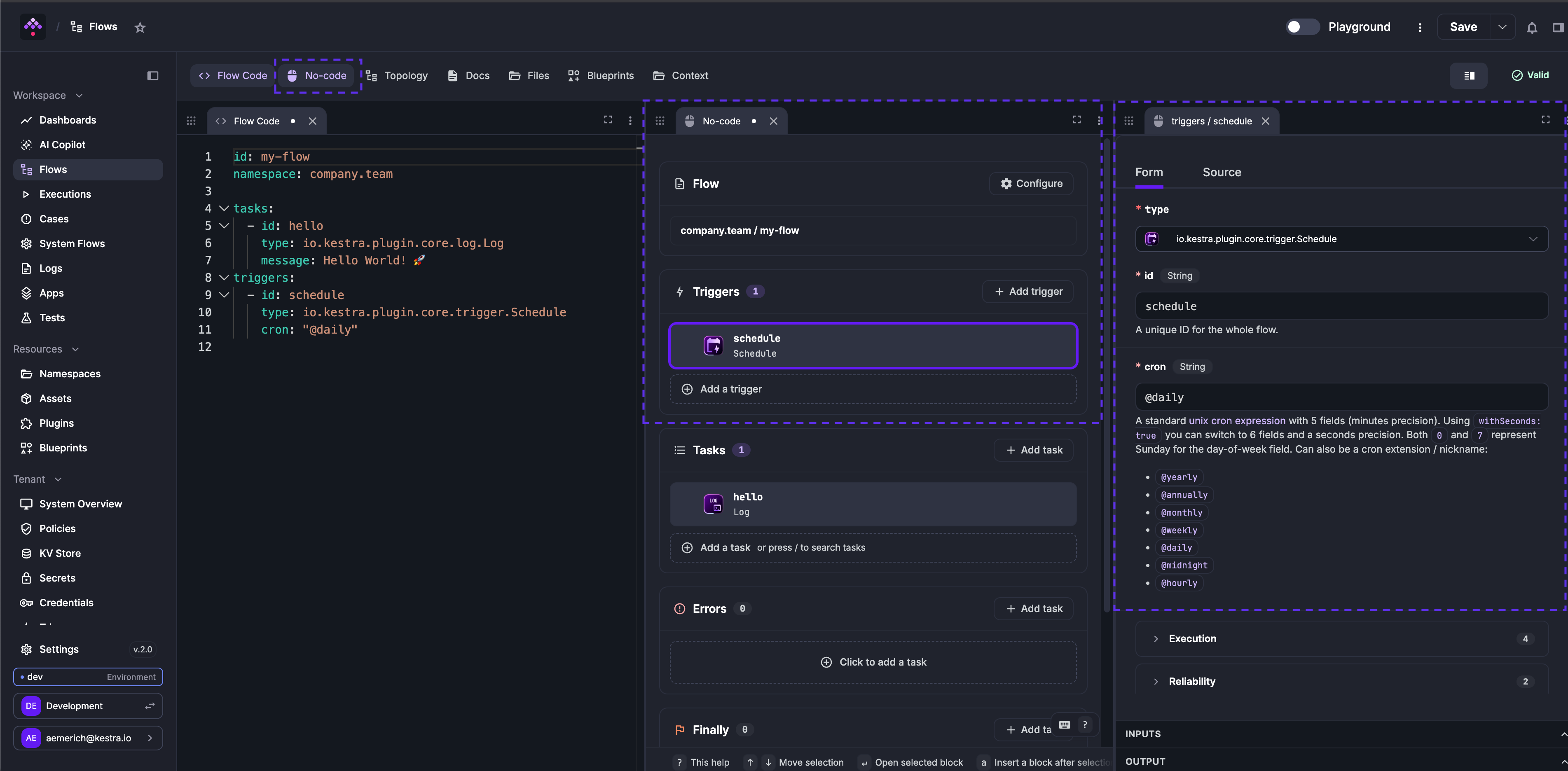 No Code canvas showing a schedule trigger selected with its configuration form open