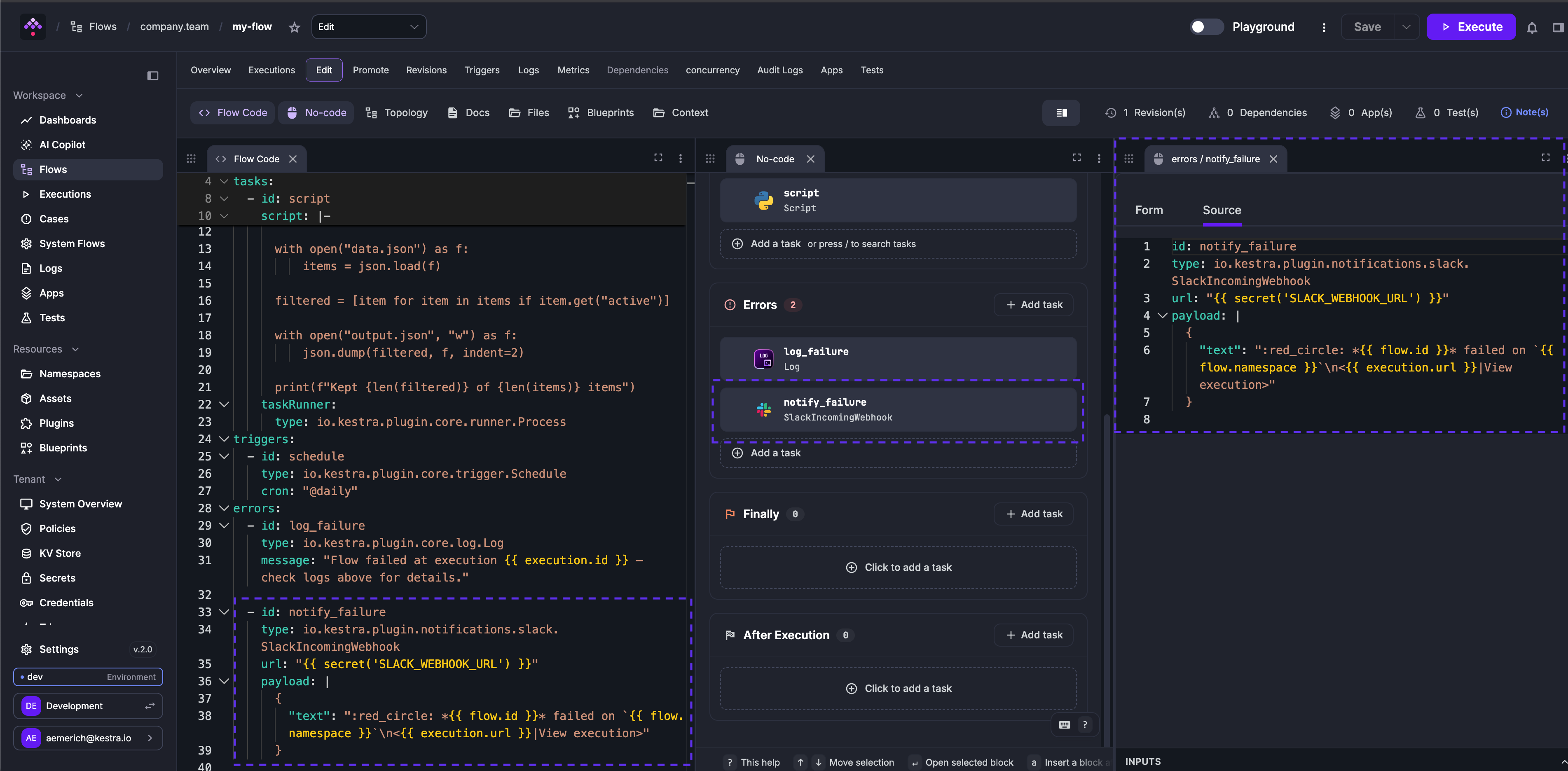 Errors block with two tasks, notify_failure selected and its YAML open in the Source tab