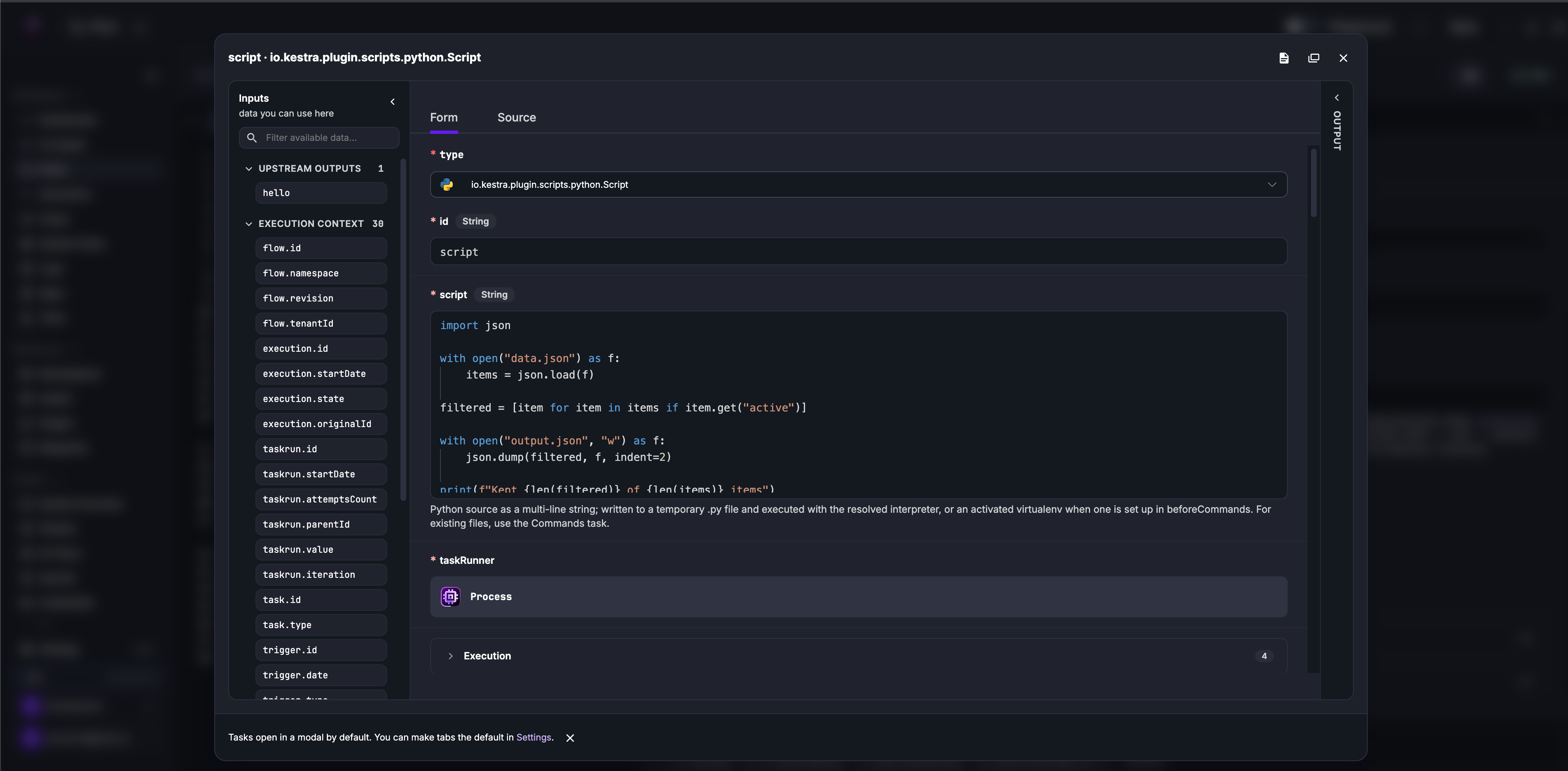Focused modal for a Python Script task, showing upstream outputs and execution context on the left and the task form on the right