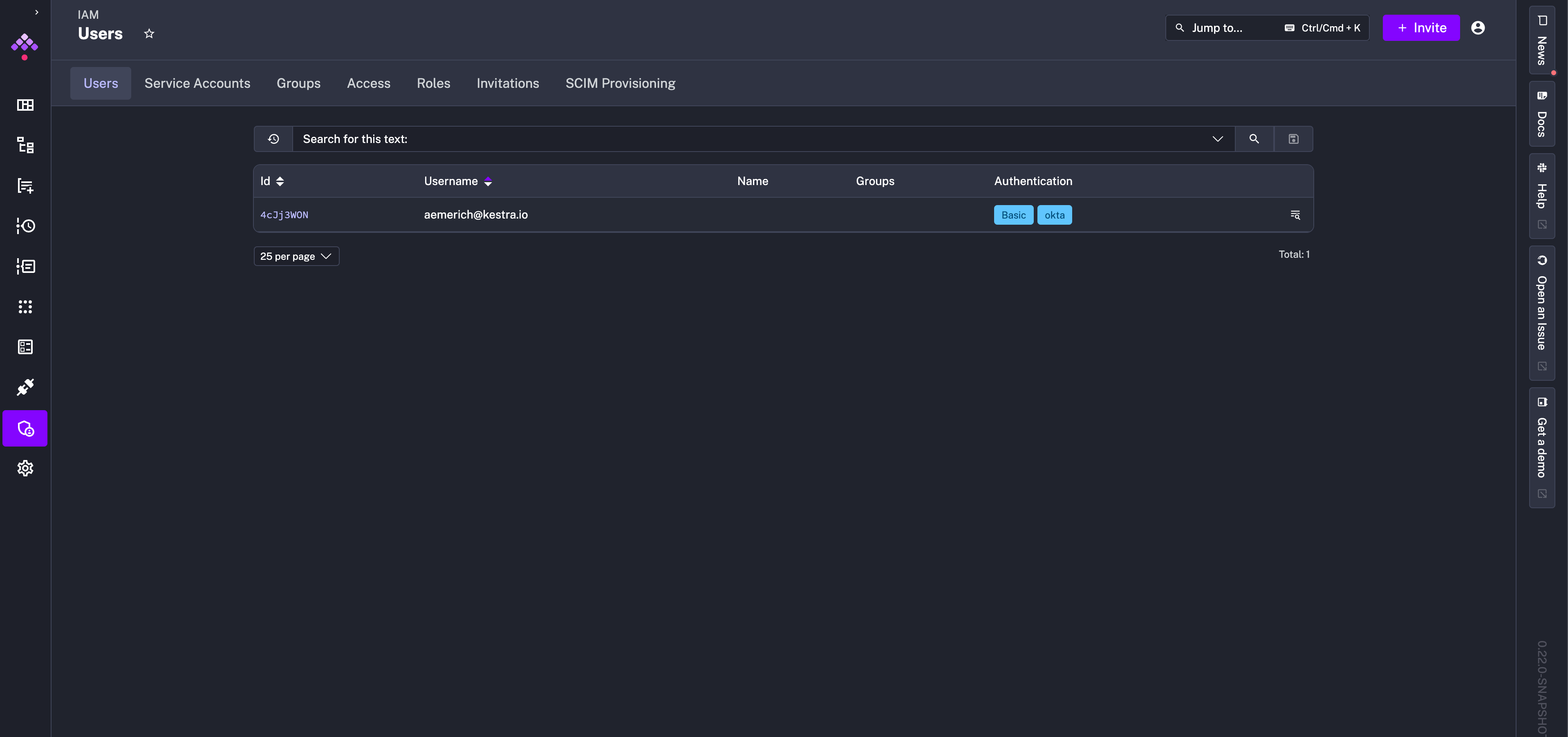 User shown with Okta authentication in IAM Users tab