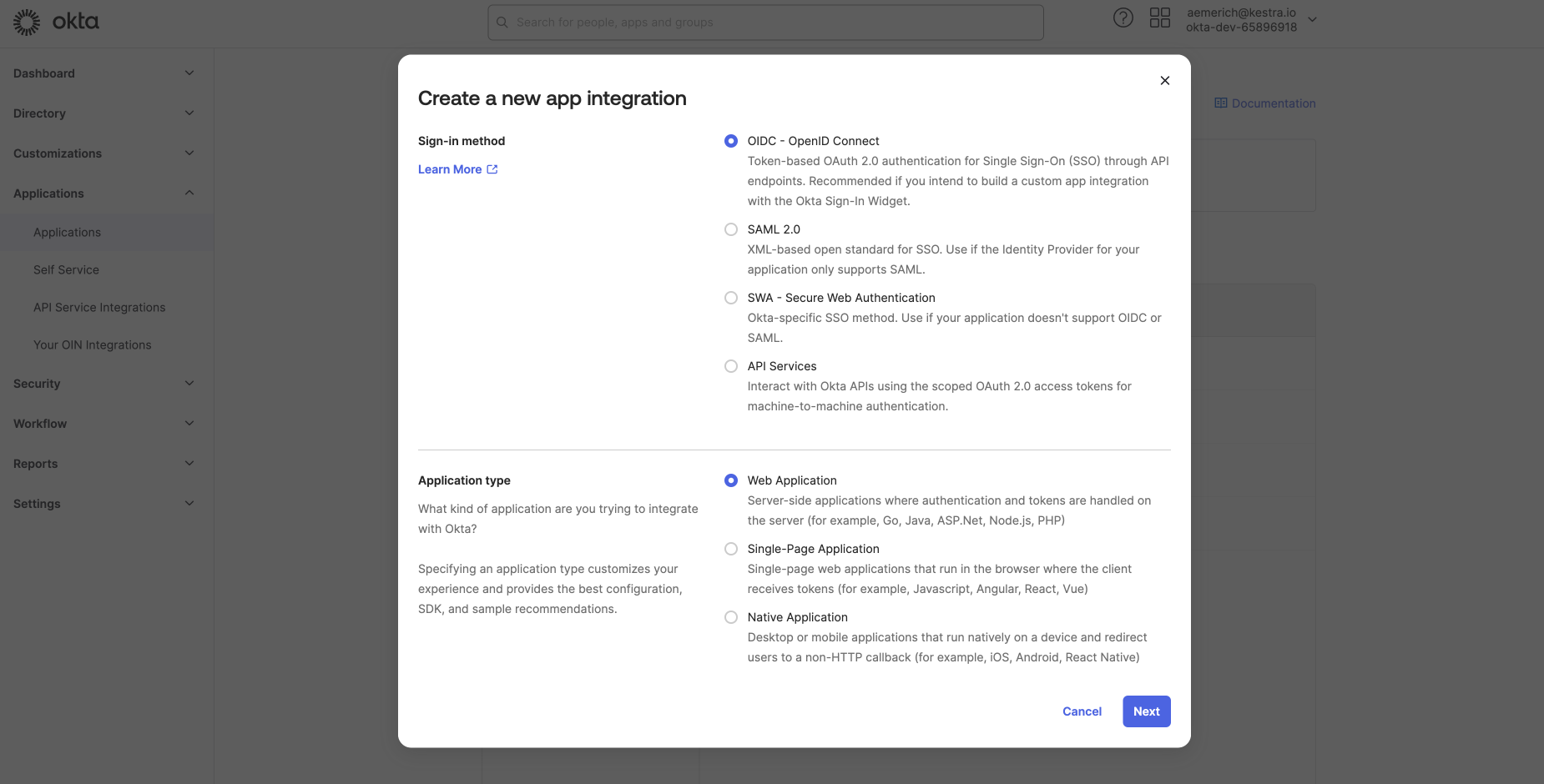 Create App Integration with OIDC and Web Application selected
