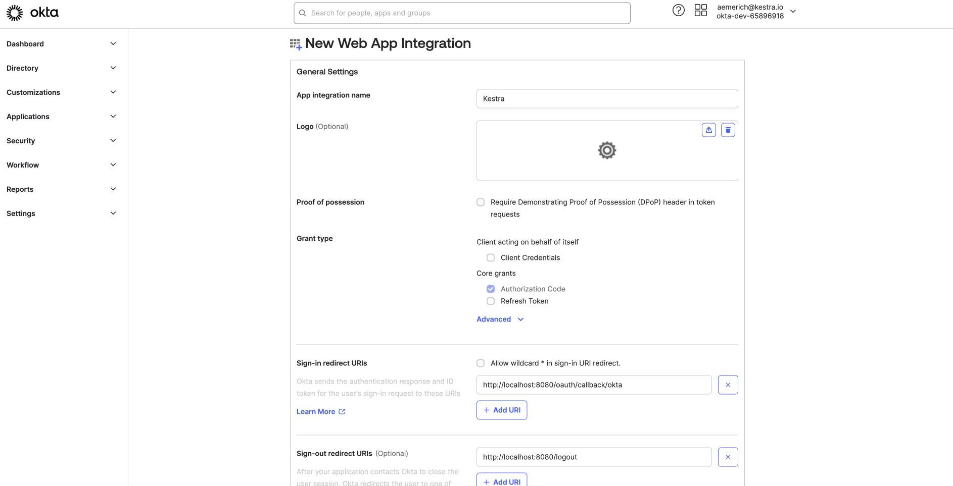 Okta app integration general settings with grant type selection