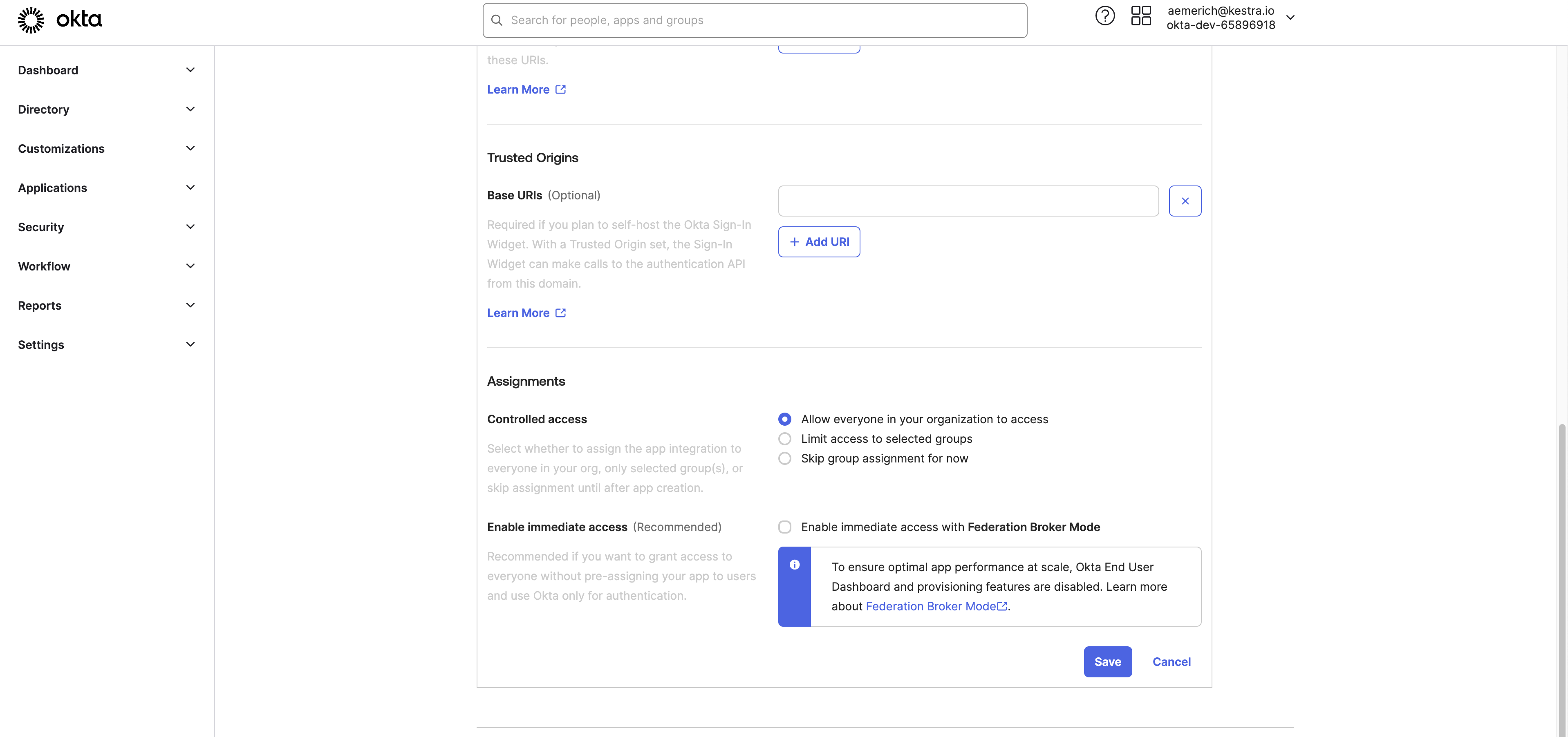 Sign-in redirect URIs and assignments settings for Okta app