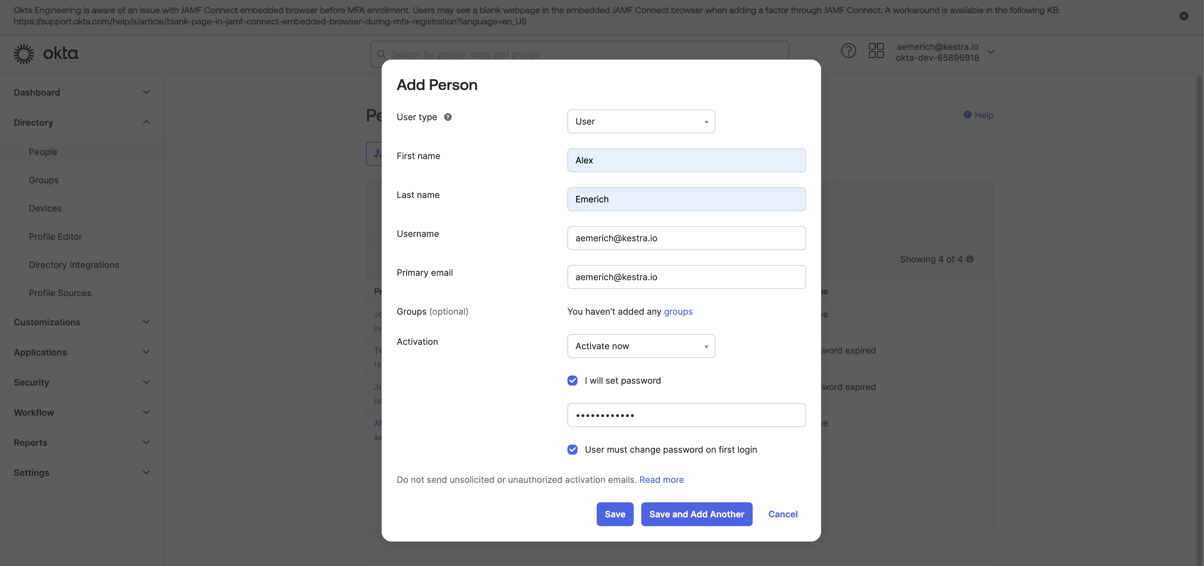 Add Person form in Okta Directory