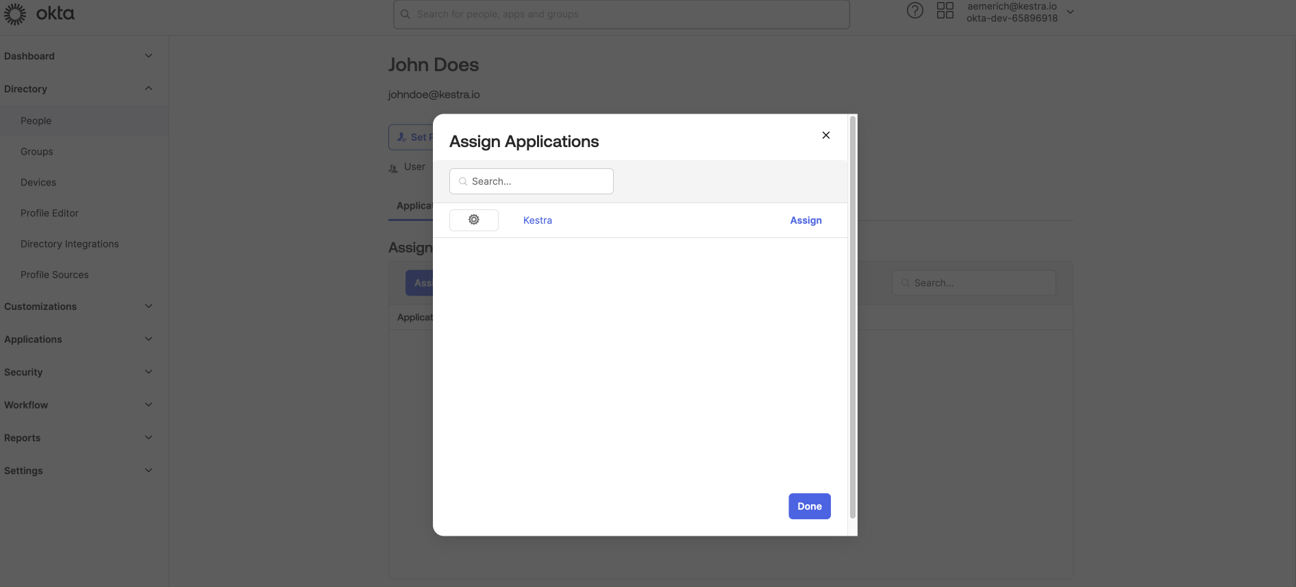 Assign Applications to user in Okta Directory