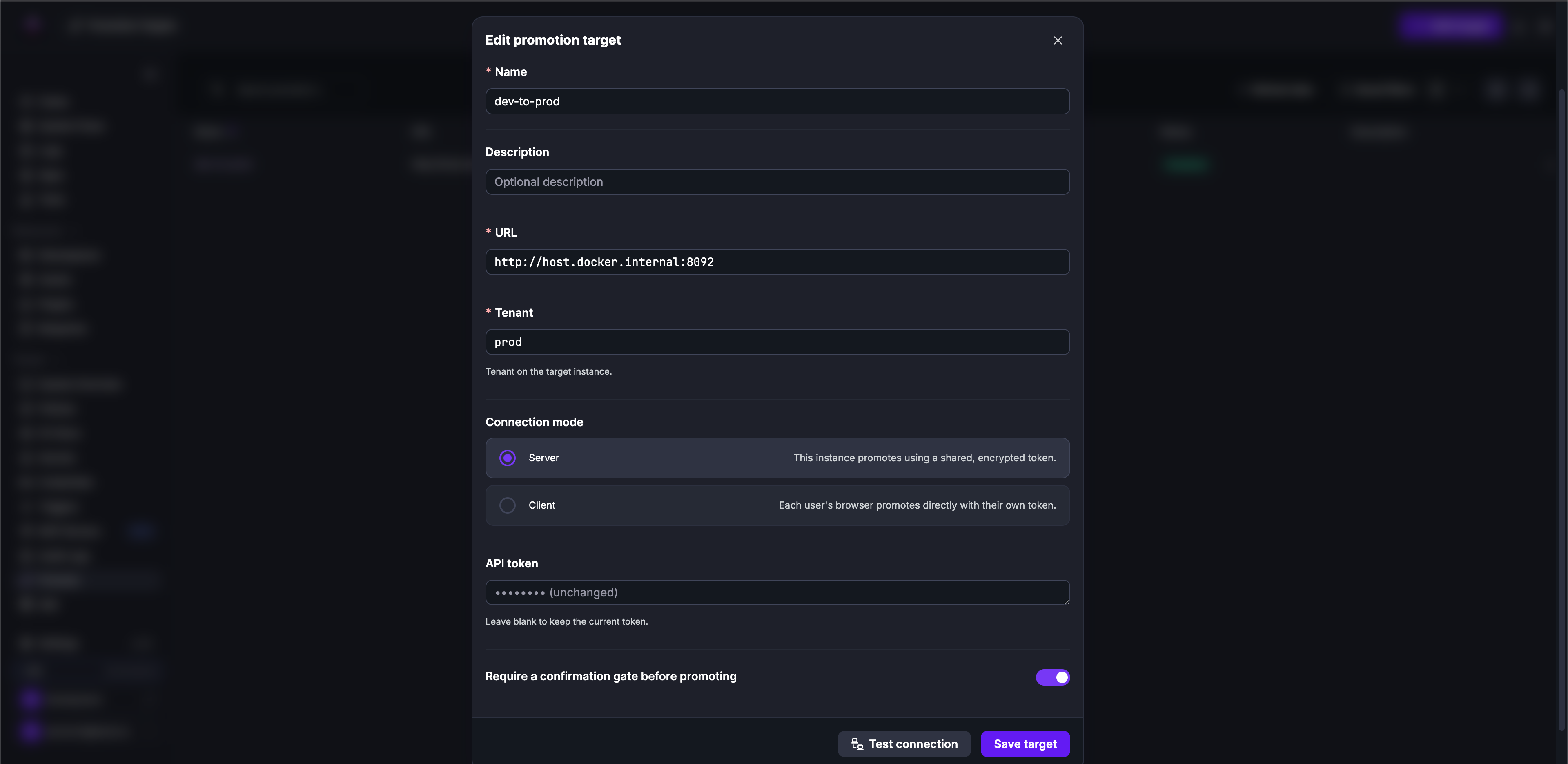 Create promotion target form showing Server and Client connection modes