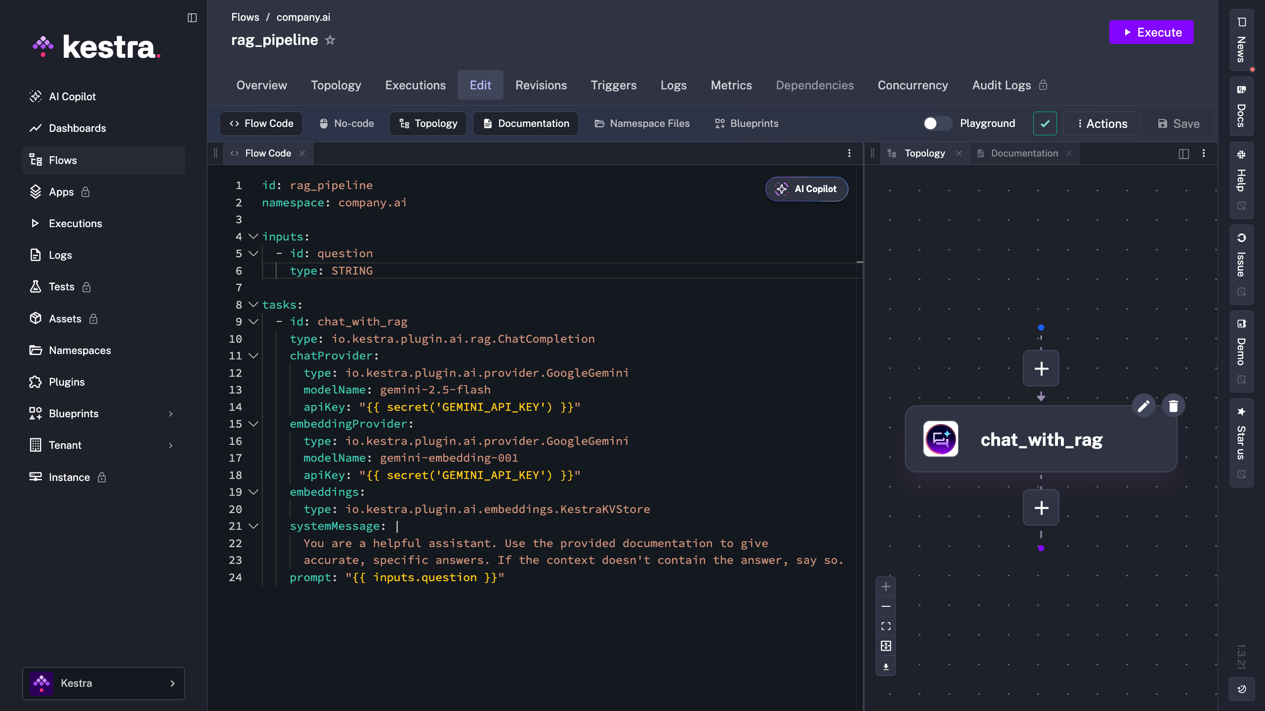 The chat flow in the Kestra UI, showing the YAML editor and topology view with the ChatCompletion task.