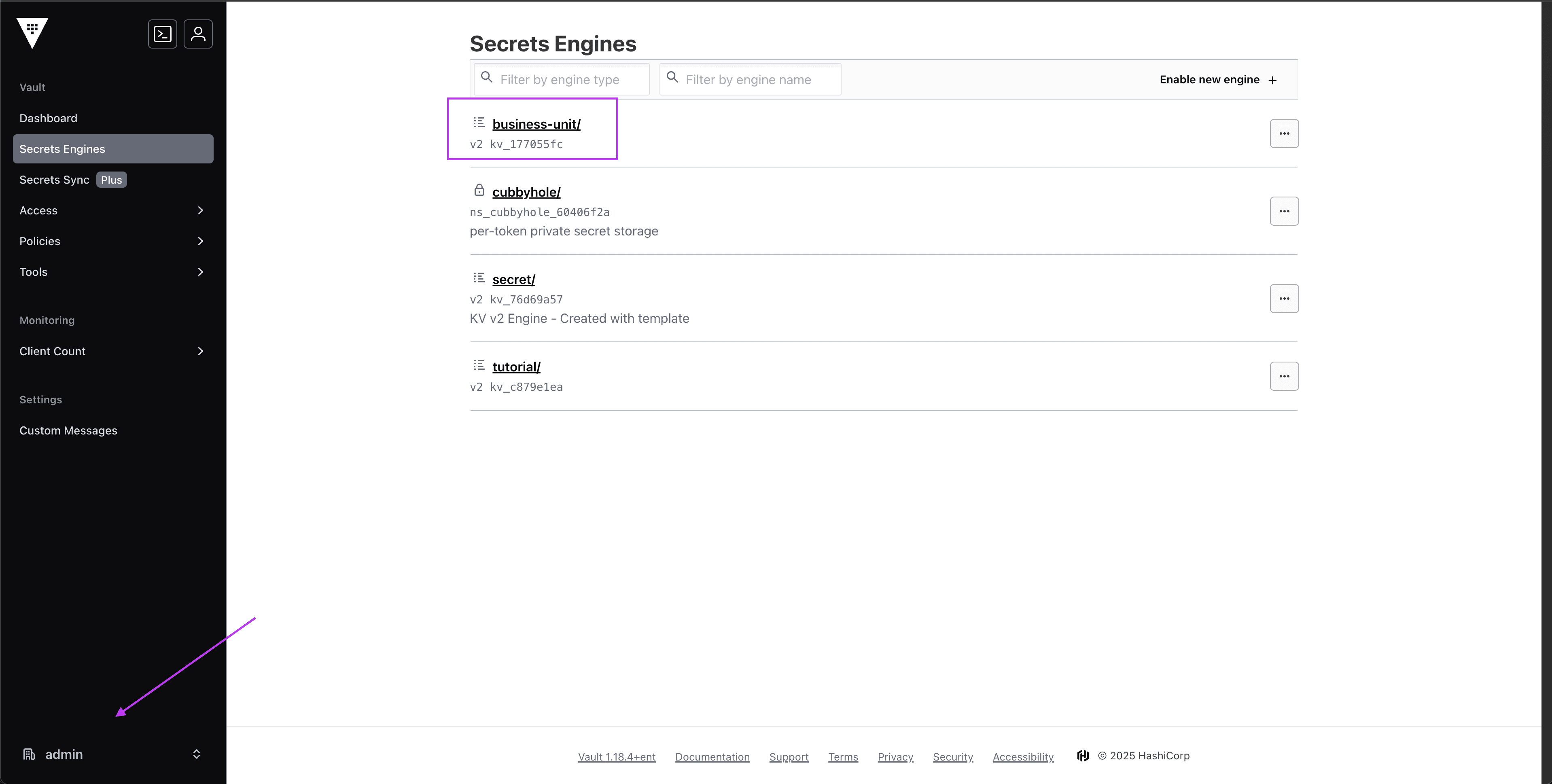 Vault UI showing the business-unit secret engine and my-app path