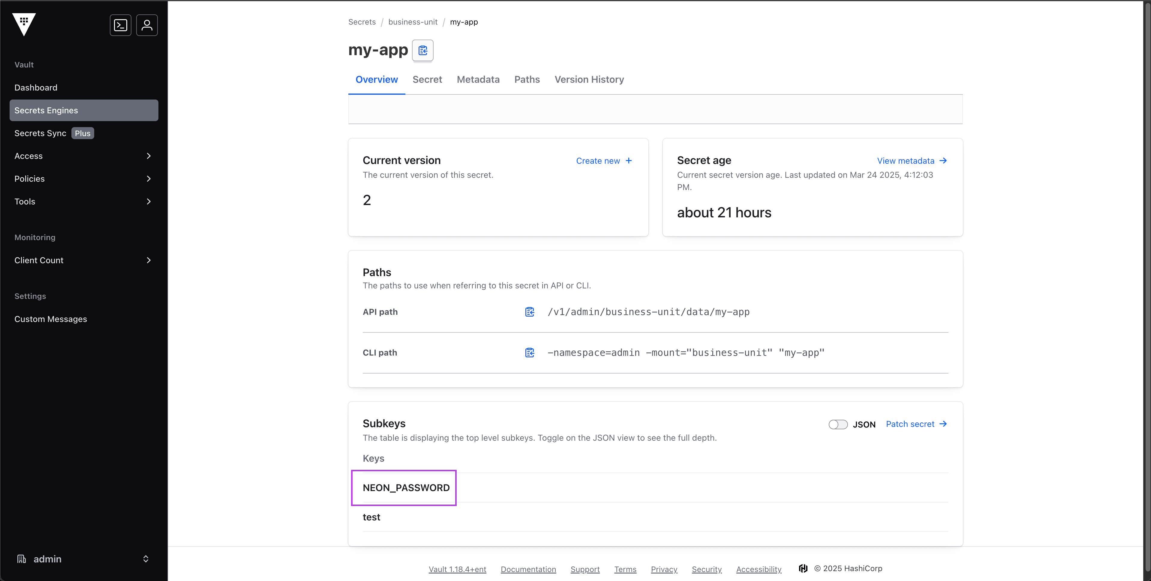 Vault secret showing the my-app path and NEON_PASSWORD subkey