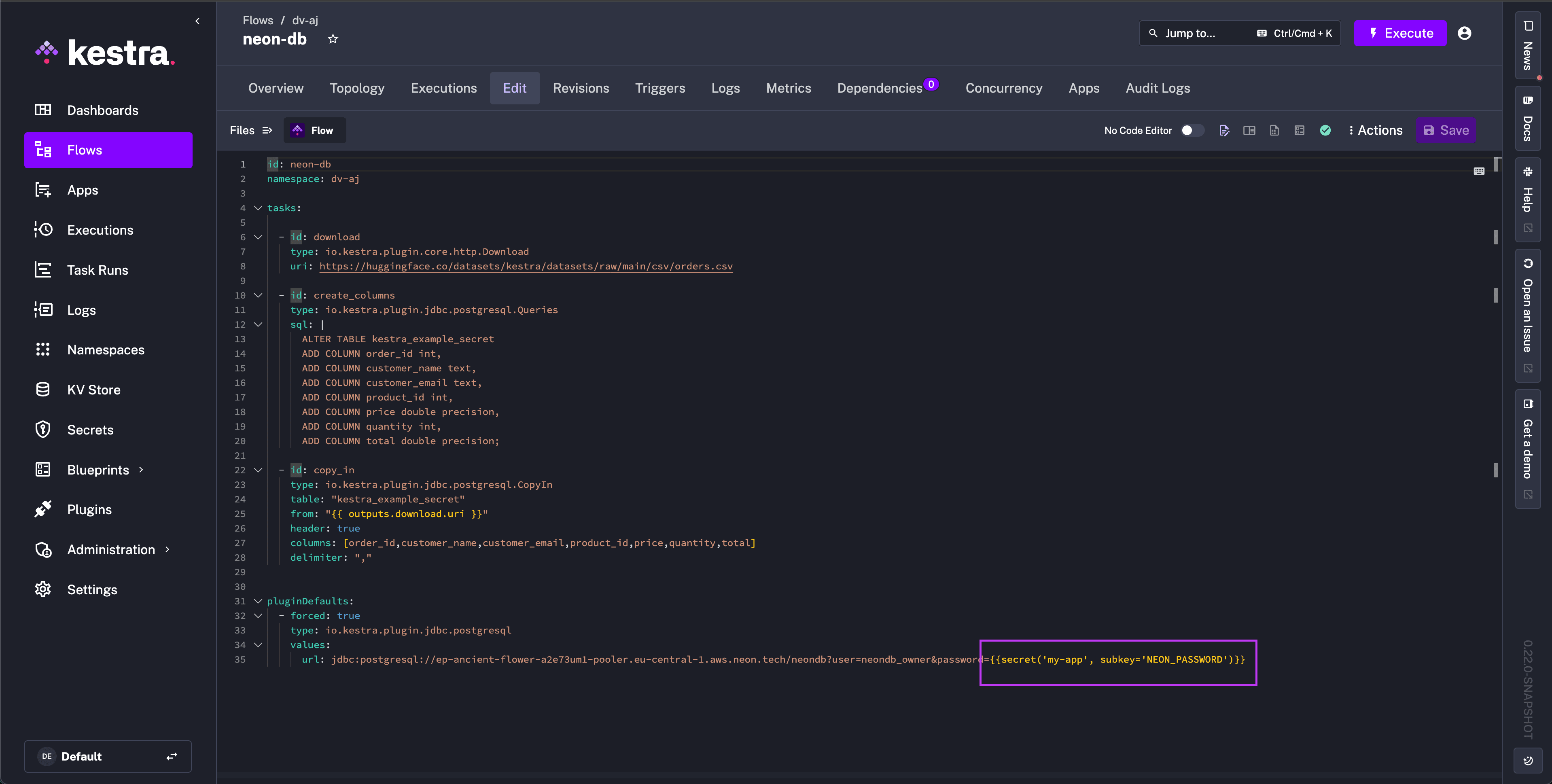 Kestra execution logs showing successful Vault secret resolution