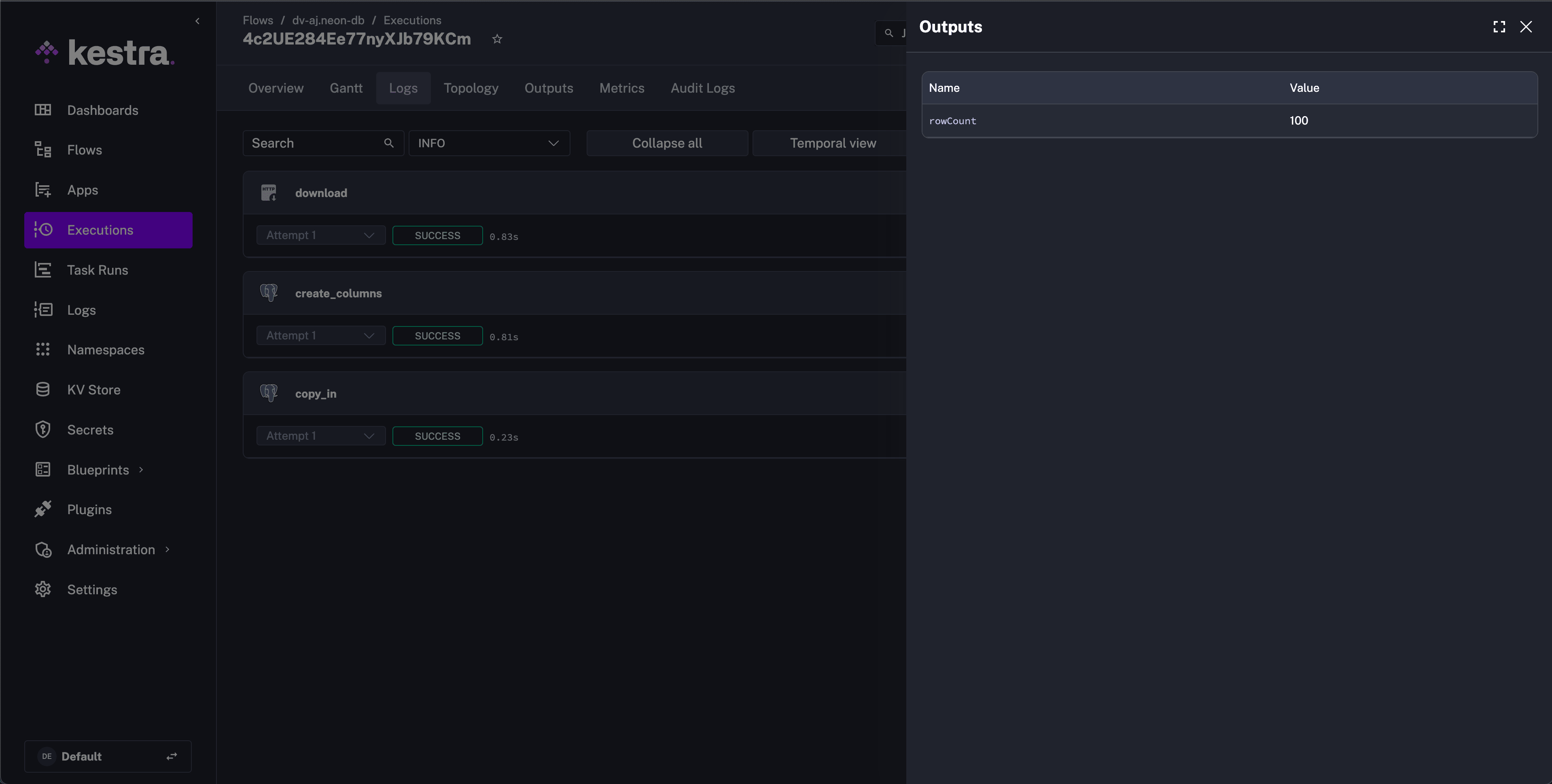 Neon database showing inserted rows