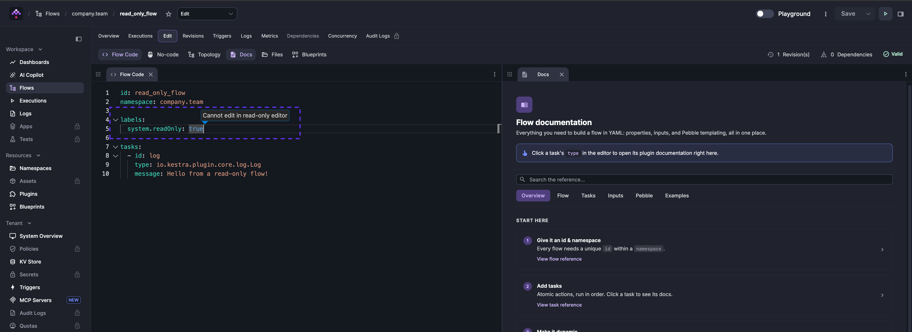 Flow editor showing system.readOnly: true label with Cannot edit in read-only editor tooltip