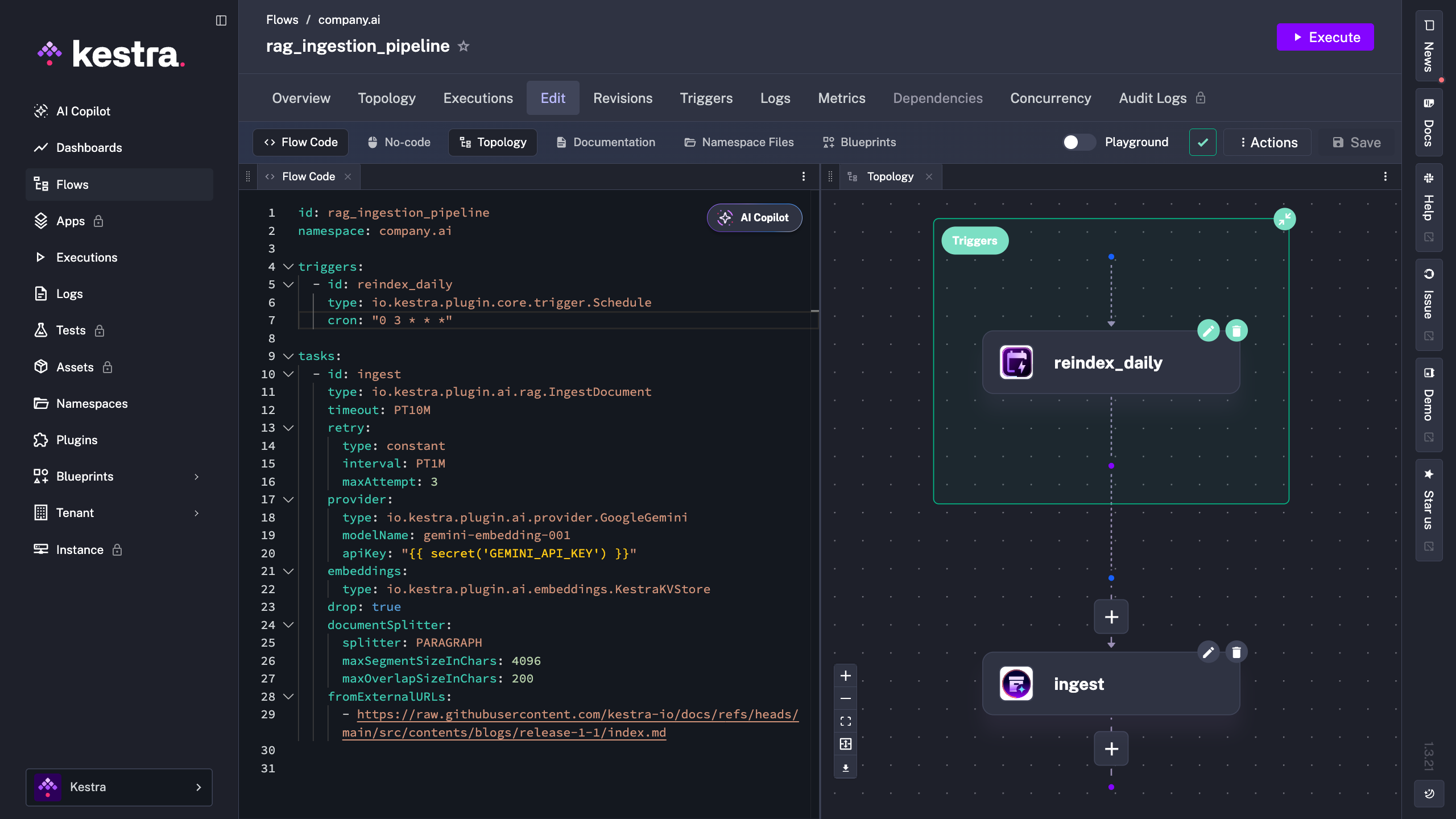 The scheduled flow in the Kestra UI, showing the YAML editor with the Schedule trigger and the updated topology view.