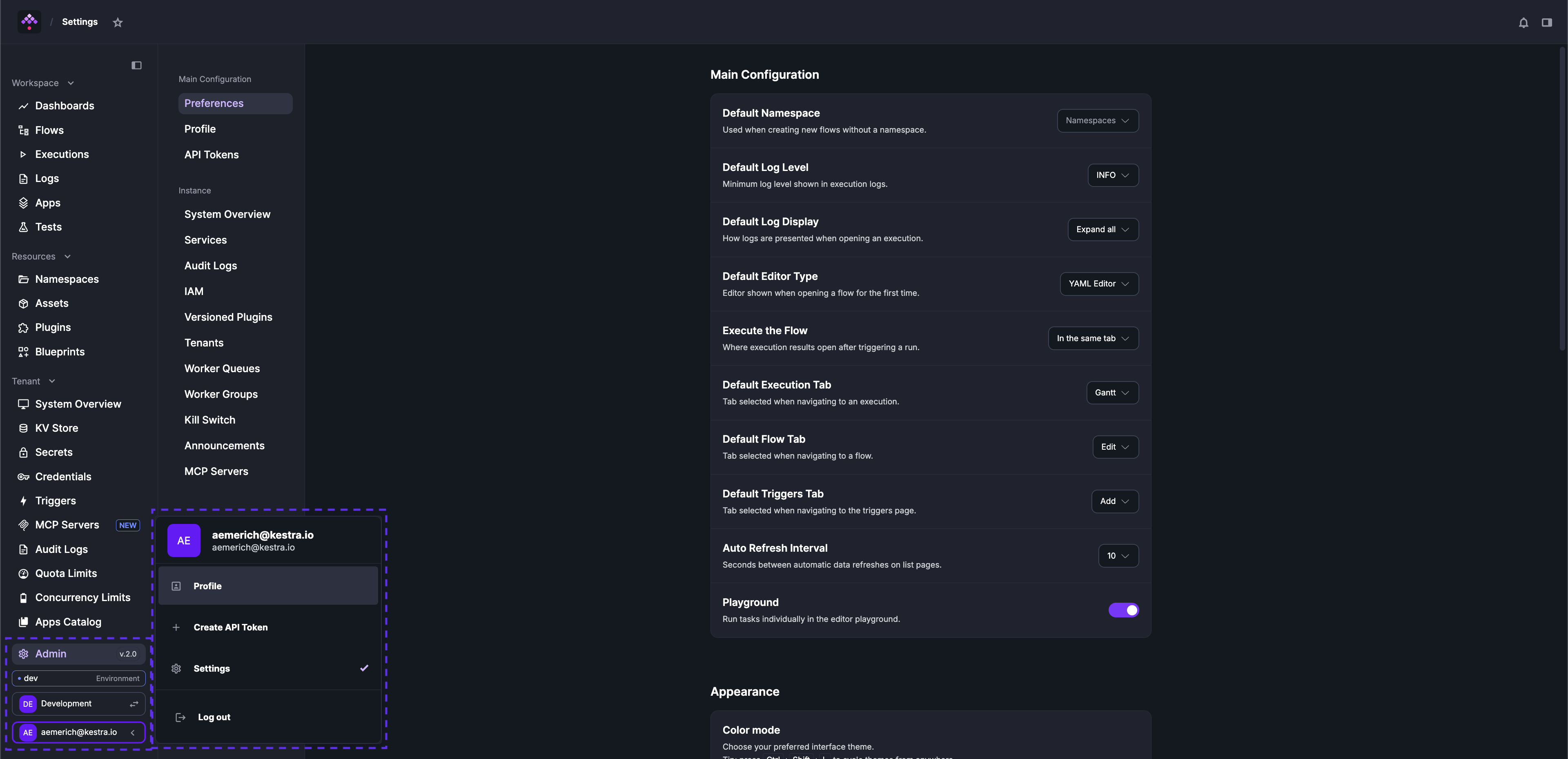 Kestra User Interface Settings Page